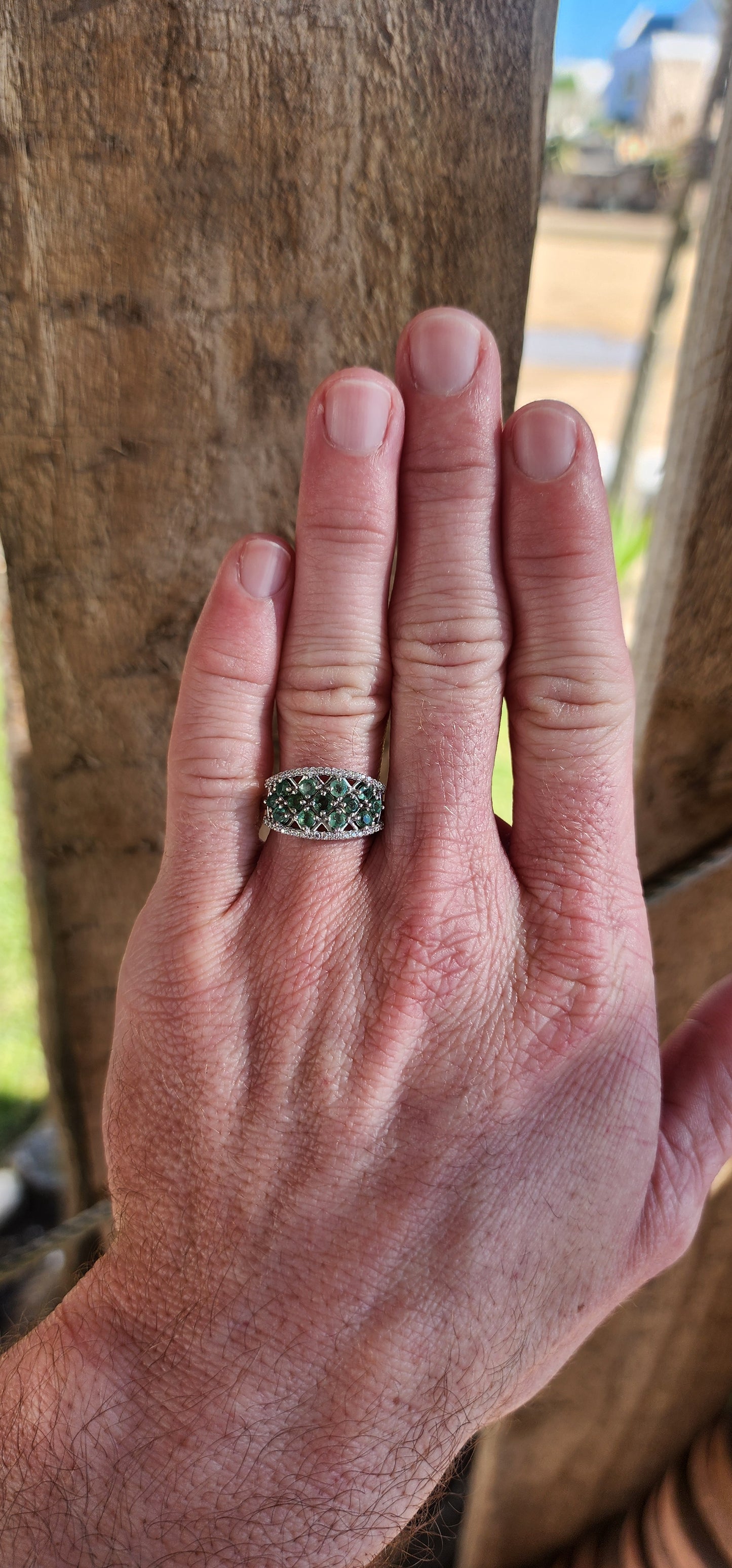 Marvelous Sterling Silver and Natural Green Emeralds and small CZ Gemstones matching set.