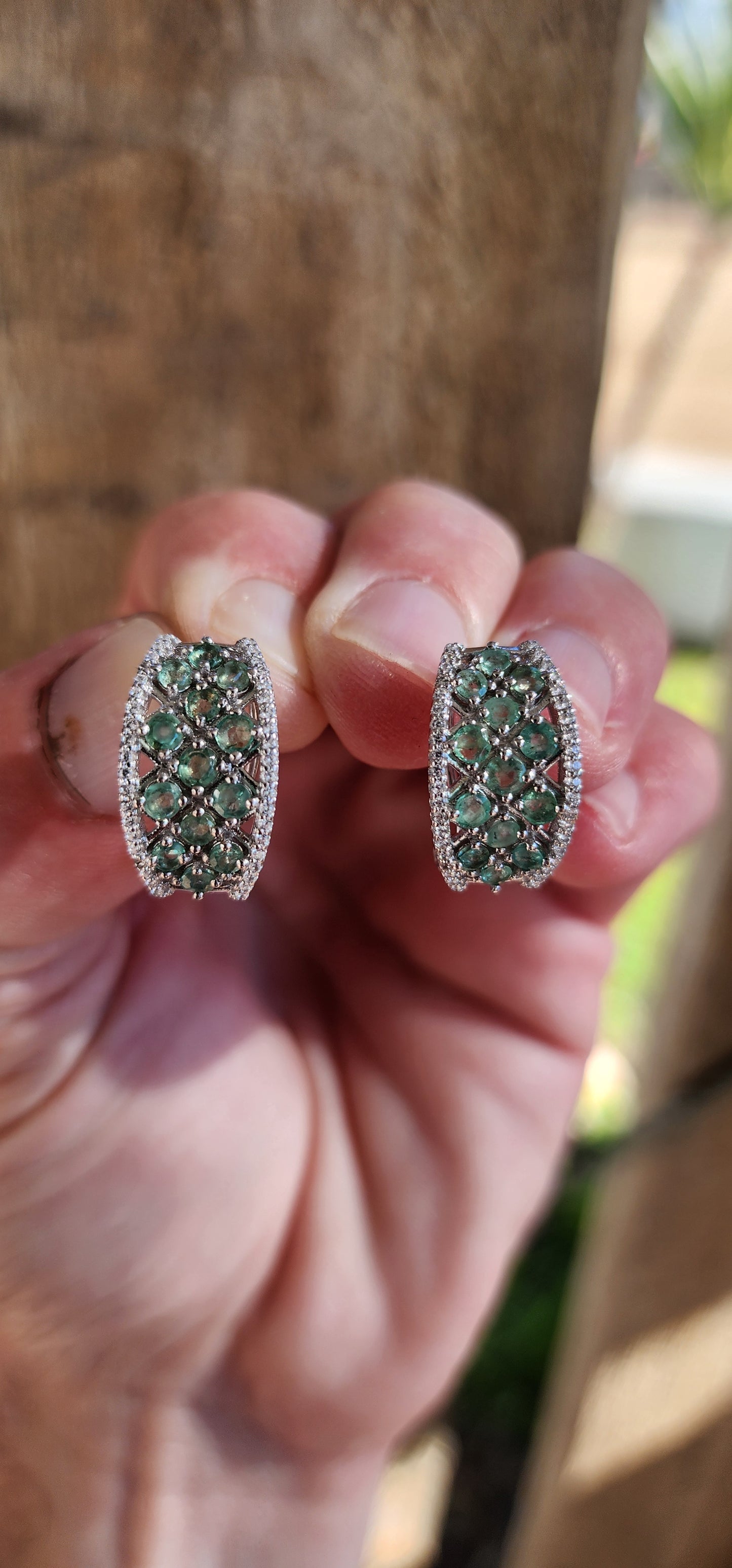 Marvelous Sterling Silver and Natural Green Emeralds and small CZ Gemstones matching set.