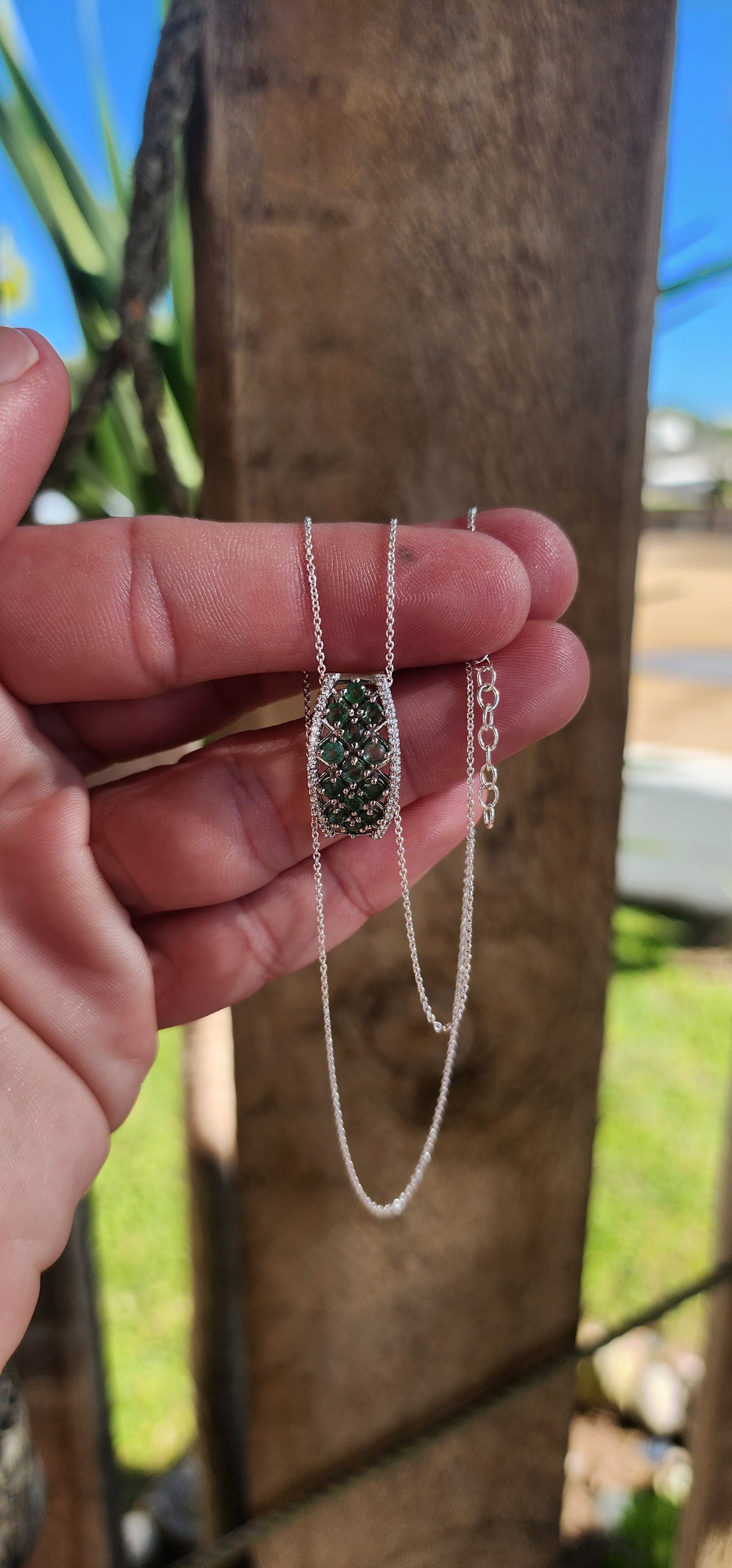 Marvelous Sterling Silver and Natural Green Emeralds and small CZ Gemstones matching set.