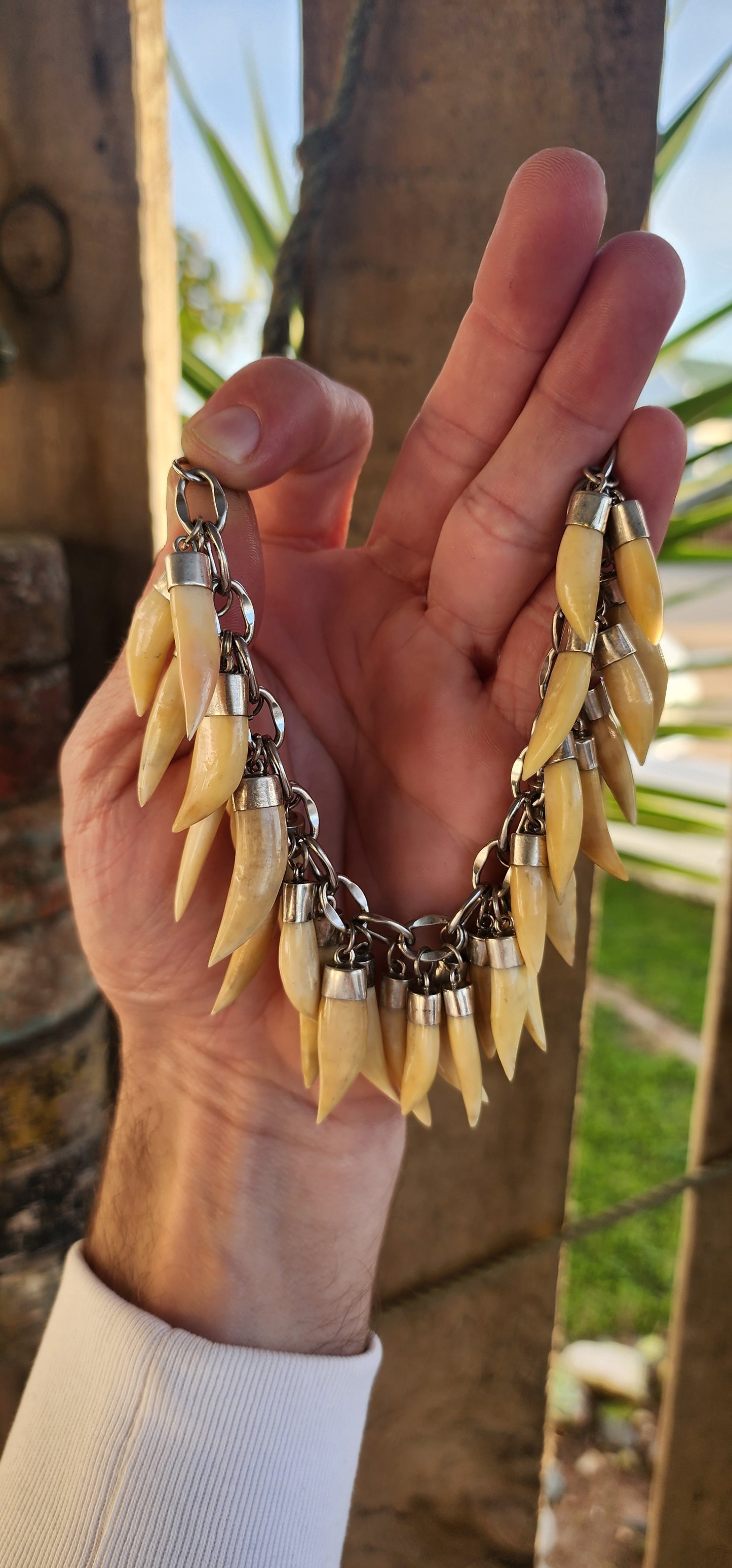 Marvelous and chunky Sterling Silver charm bracelet- fitted with 32x Victorian Sterling Silver Lion tooth pendants/charms!