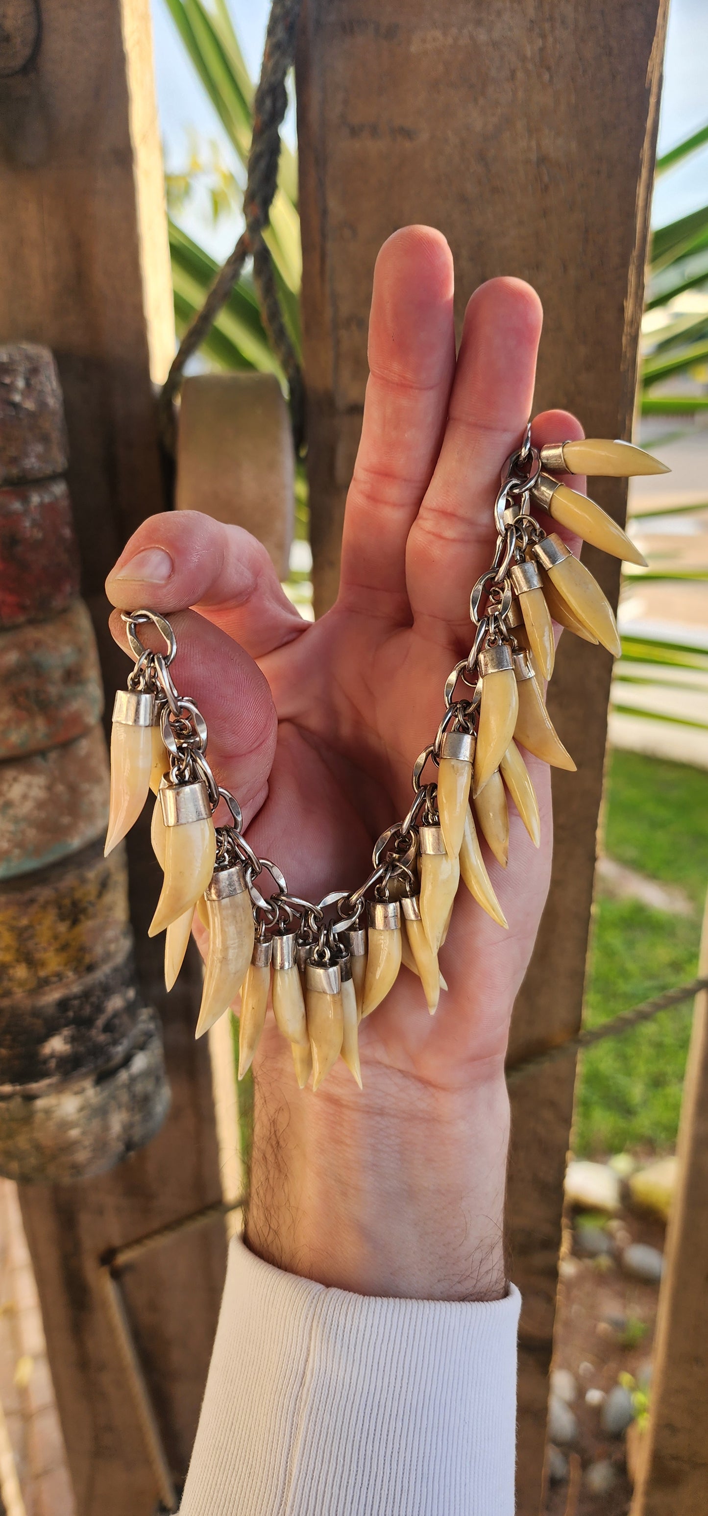 Marvelous and chunky Sterling Silver charm bracelet- fitted with 32x Victorian Sterling Silver Lion tooth pendants/charms!