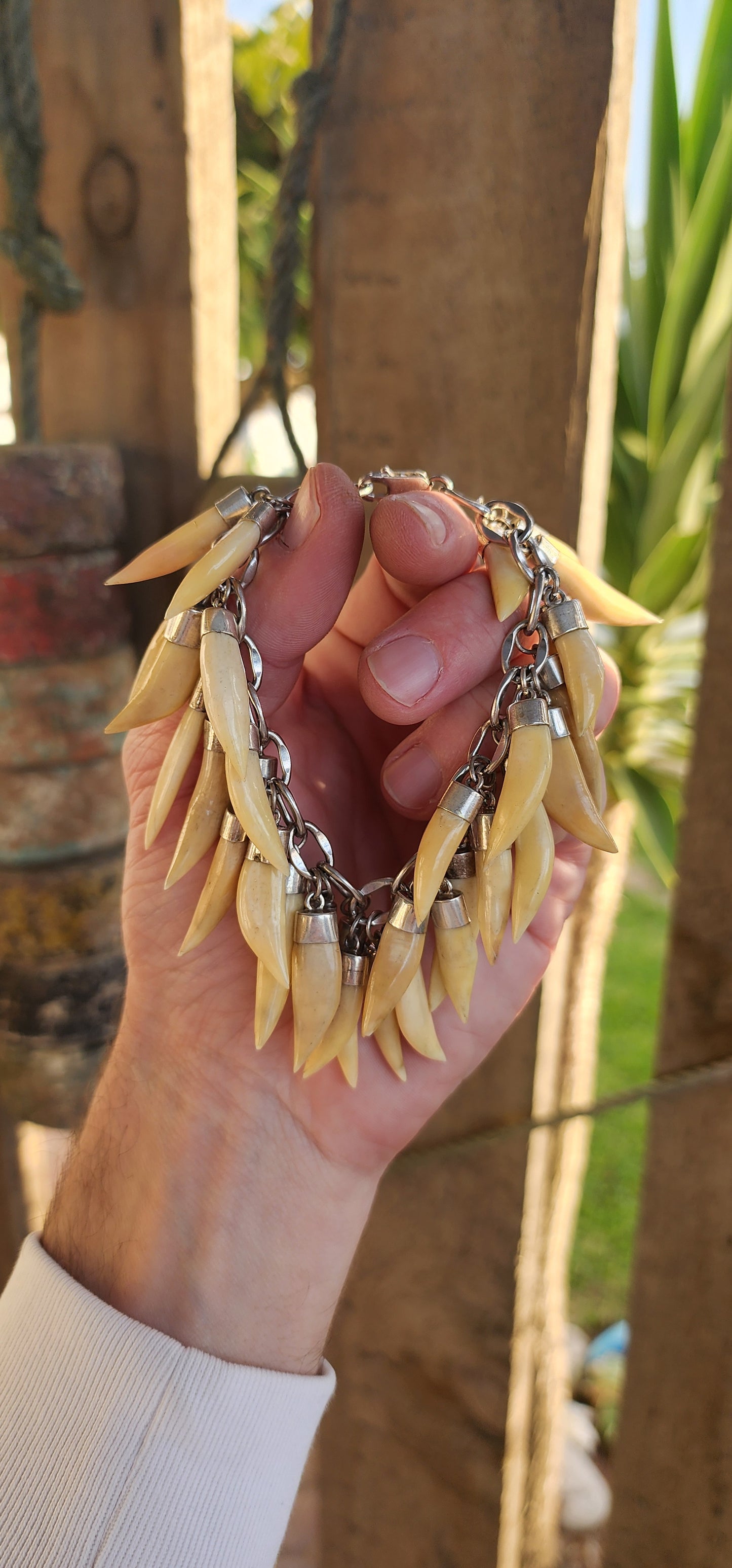 Marvelous and chunky Sterling Silver charm bracelet- fitted with 32x Victorian Sterling Silver Lion tooth pendants/charms!