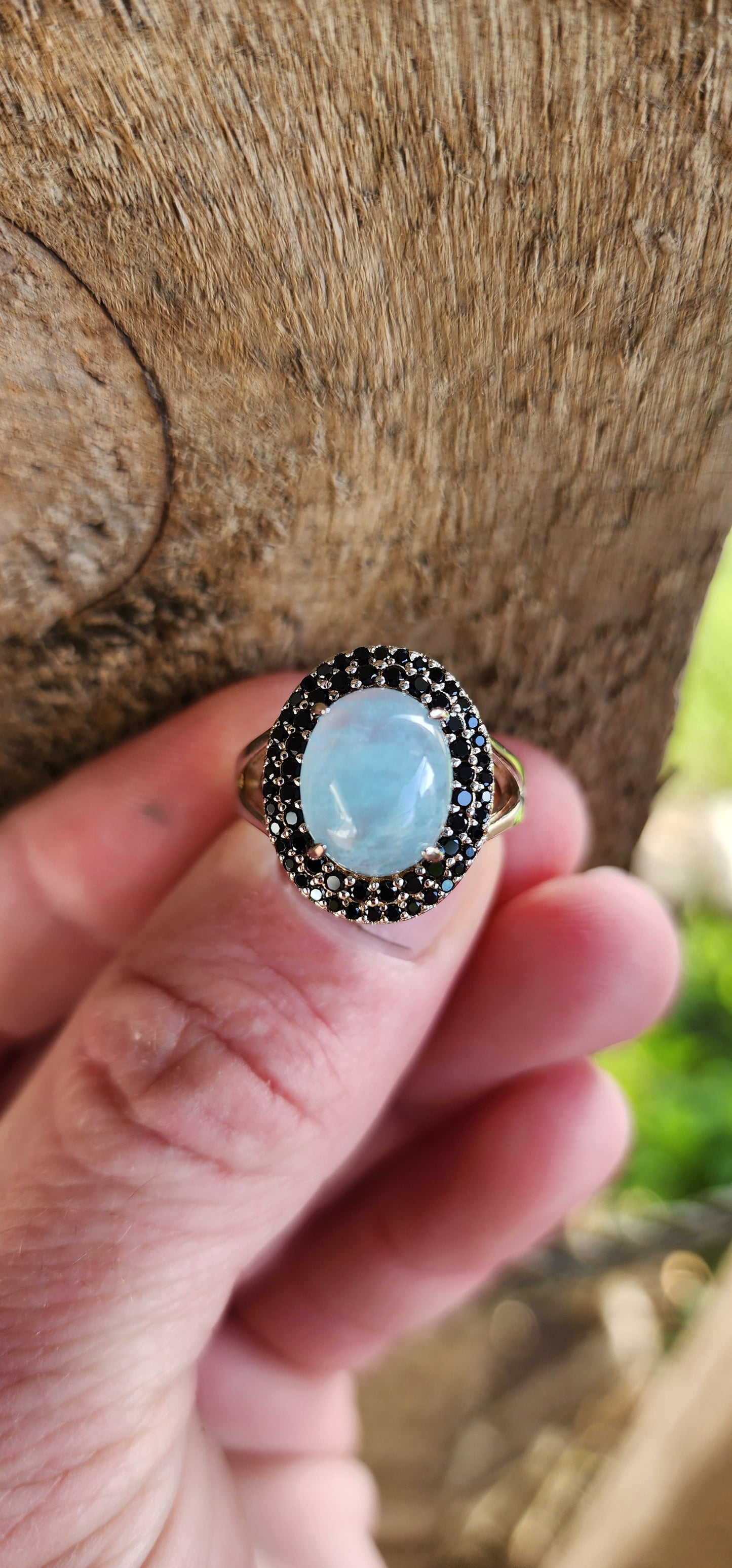 Sterling Silver, Aquamarine Cabochon and Black Spinel Gemstones dress ring.