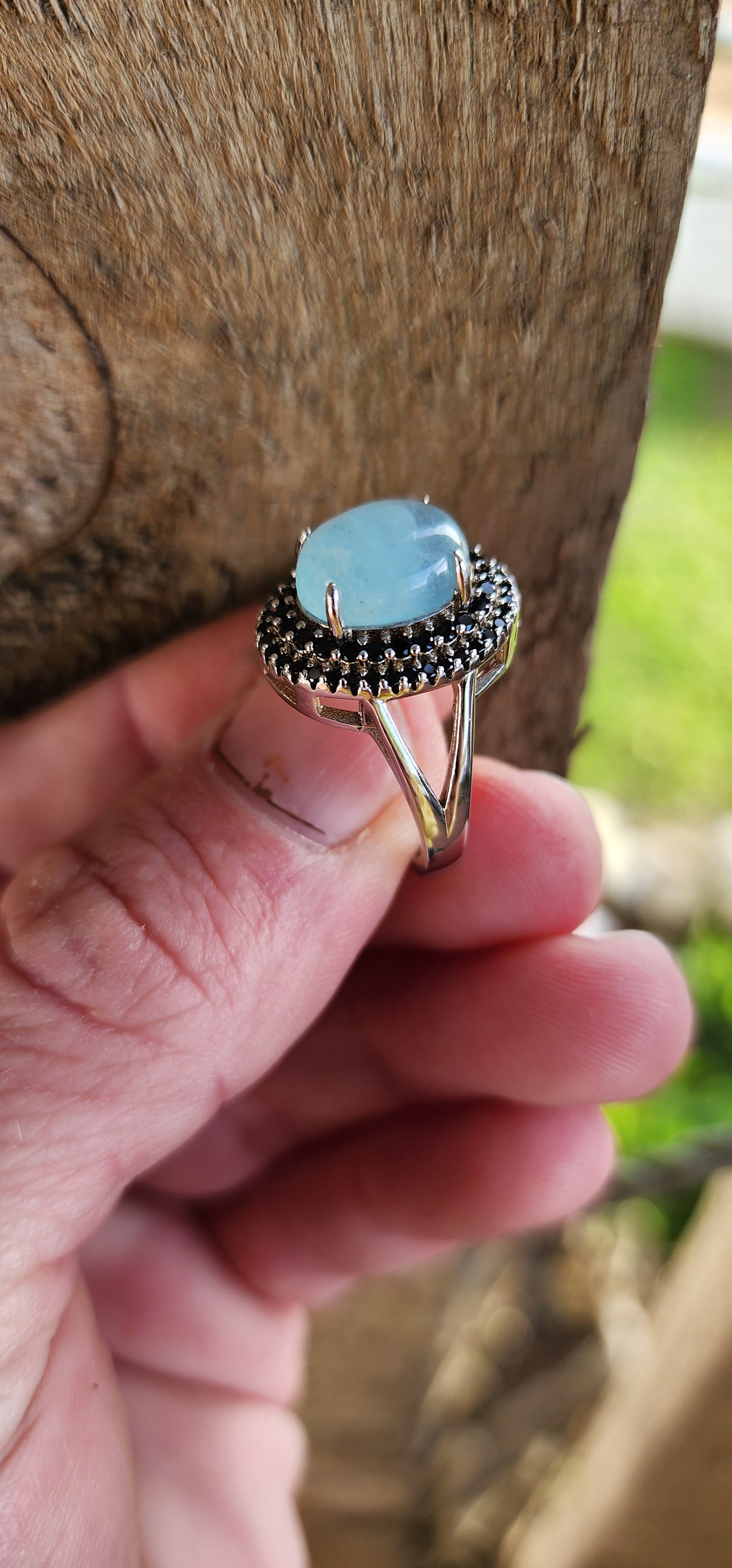 Sterling Silver, Aquamarine Cabochon and Black Spinel Gemstones dress ring.