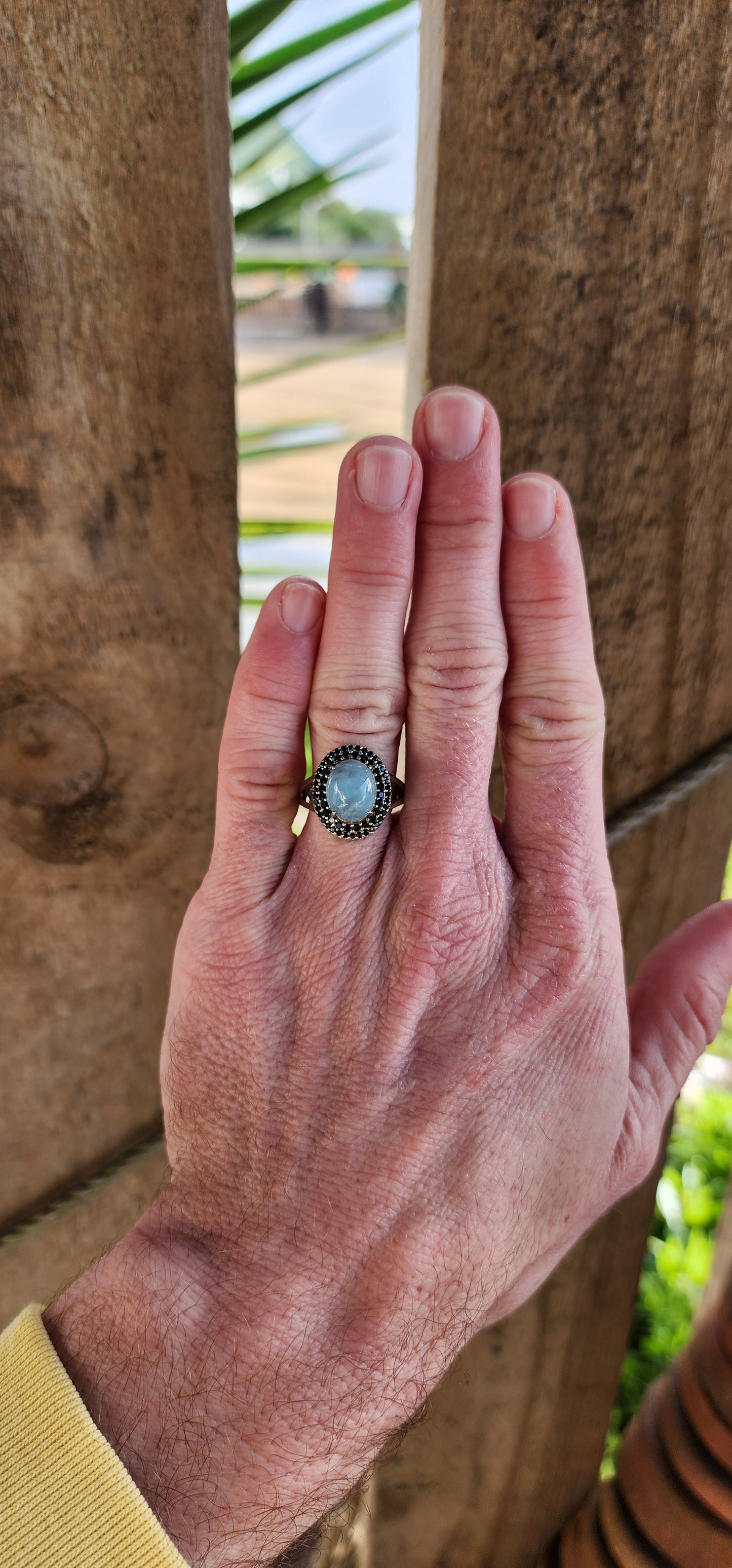 Sterling Silver, Aquamarine Cabochon and Black Spinel Gemstones dress ring.