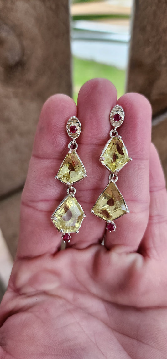 Incredibly gorgeous pair of Sterling Silver ,Lemon Quartz and Rubies push-in statement earrings.