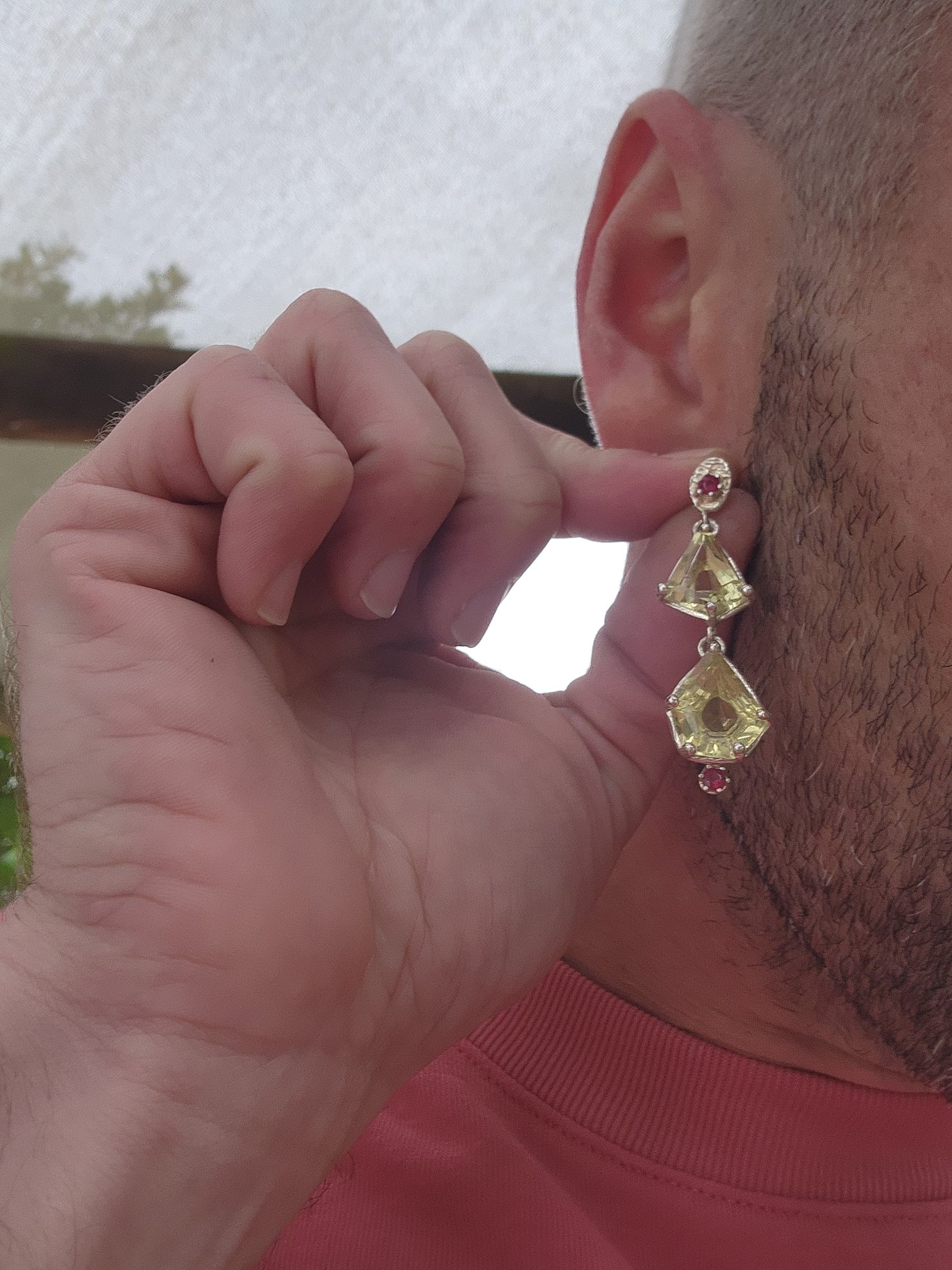 Incredibly gorgeous pair of Sterling Silver ,Lemon Quartz and Rubies push-in statement earrings.