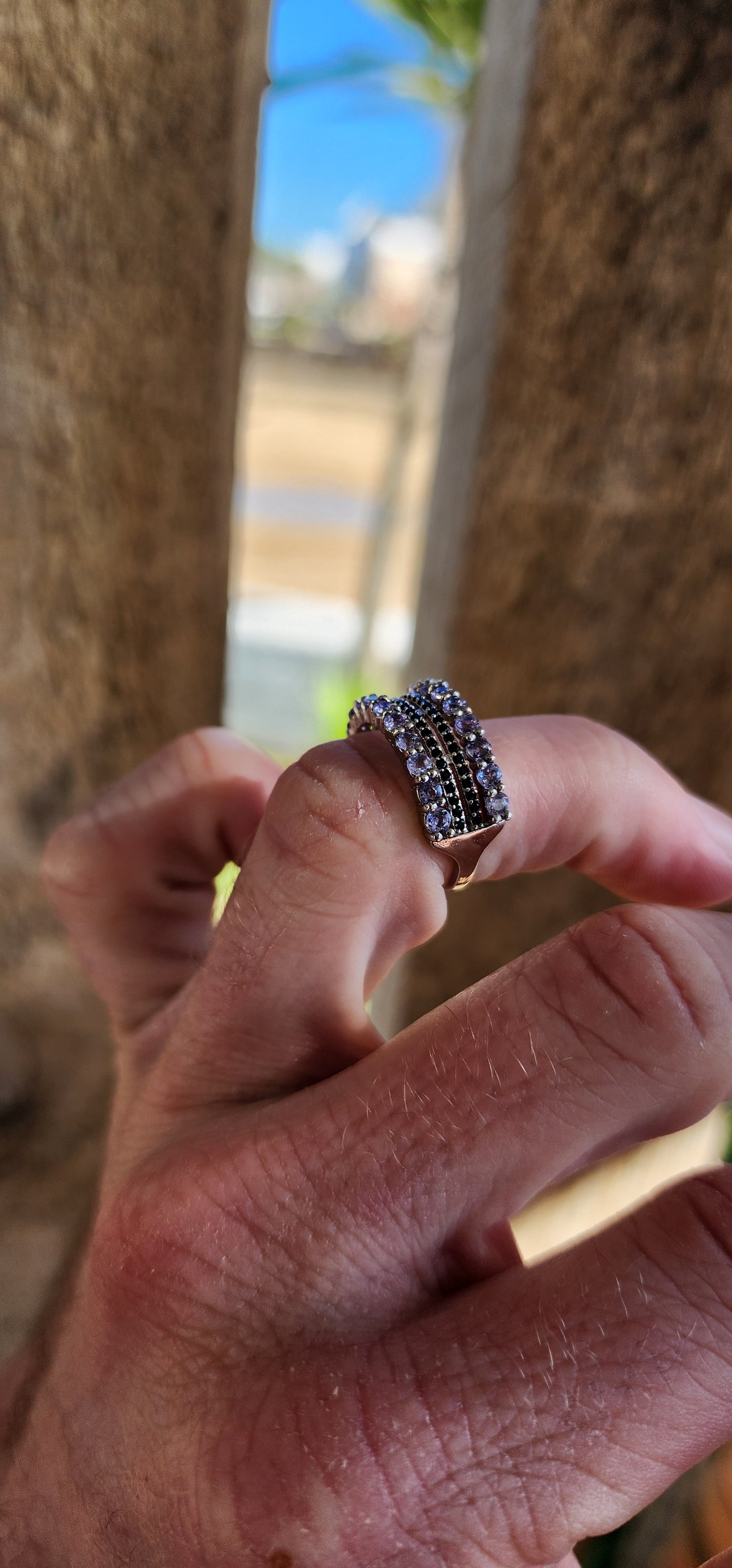 Marvelous Sterling Silver, Natural Tanzanite and Black Spinel Gemstones matching set consisting out of ring , push-in hoop earrings with safety clips and pendant on rope chain.