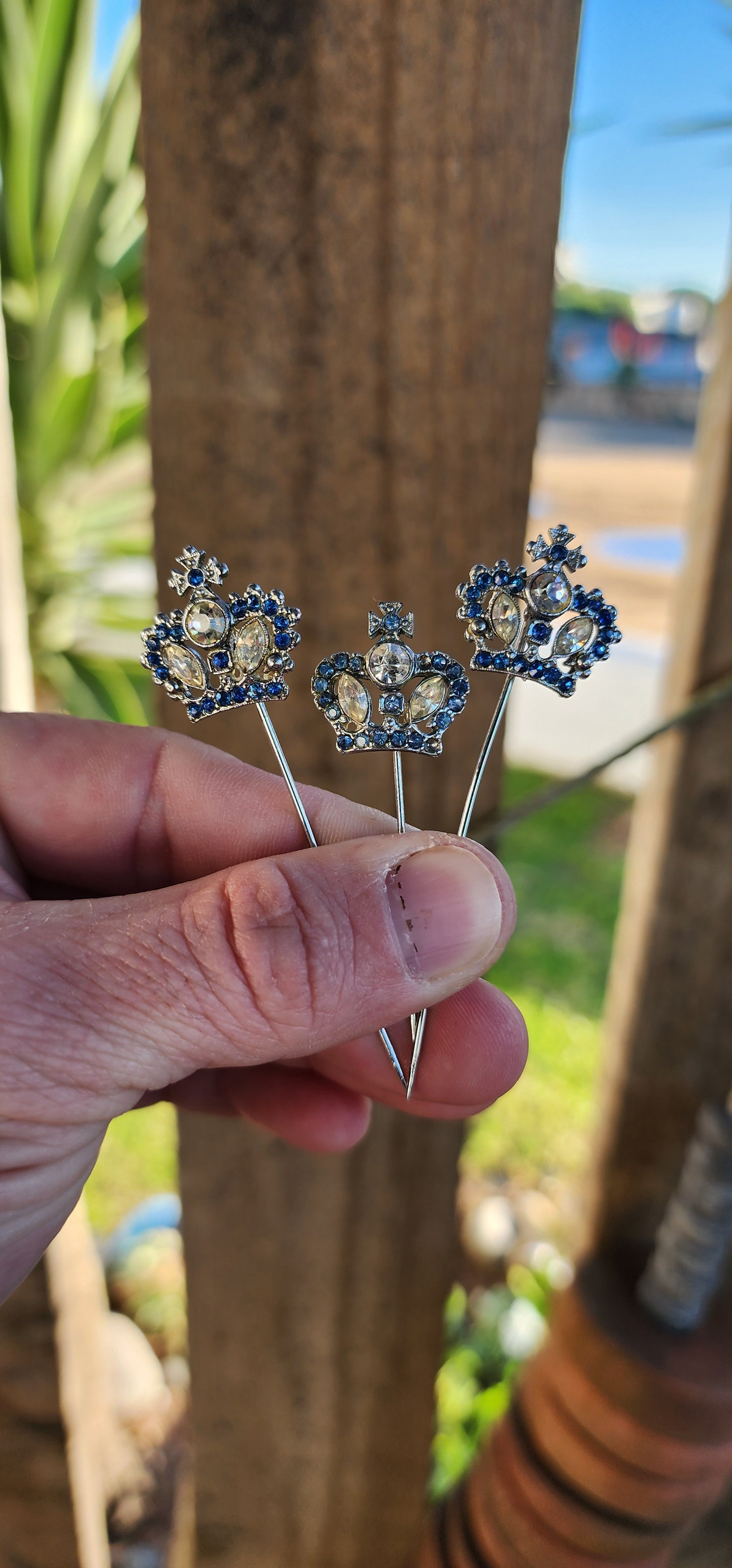 Lot of 3 Vintage costume Crown Hat pins - Silvertone and Set with Blue/Clear Rhinestones.