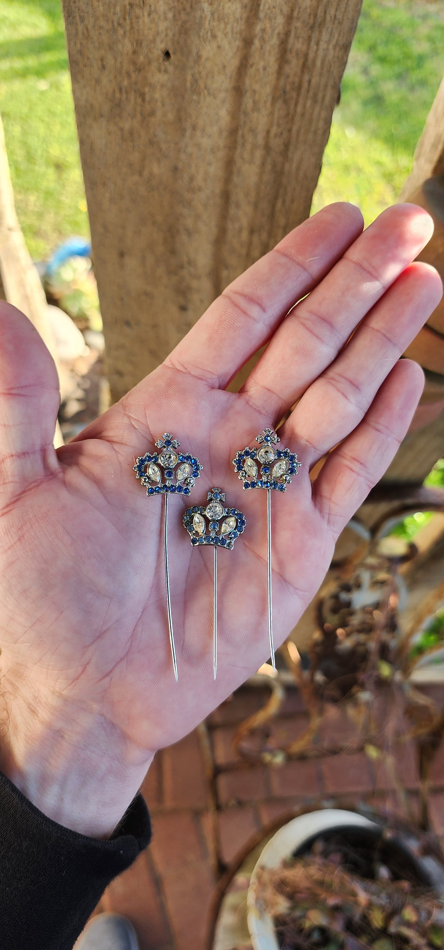 Lot of 3 Vintage costume Crown Hat pins - Silvertone and Set with Blue/Clear Rhinestones.