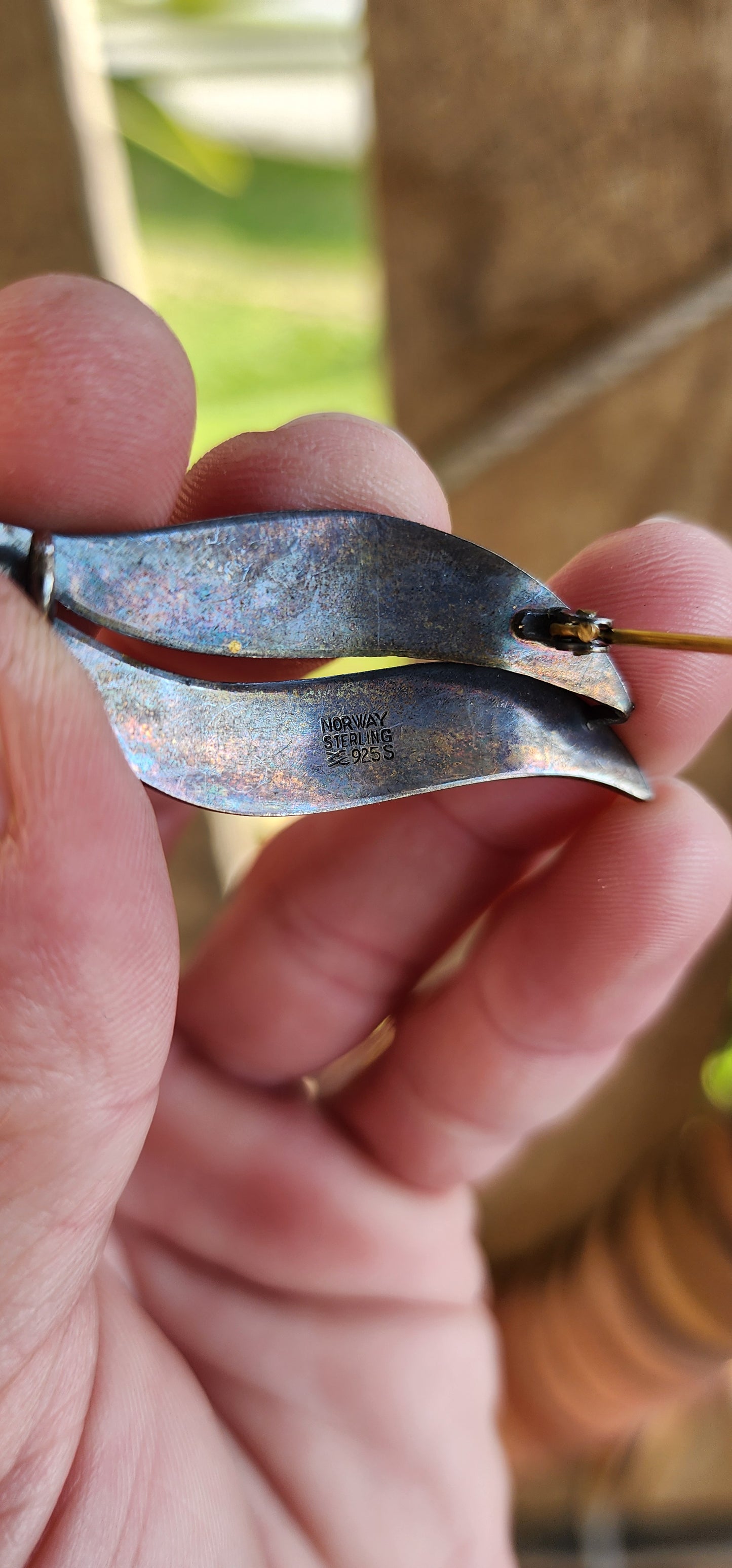 MODERNIST and RARE!!! Aksel Holmsen Norway Sterling Silver Guilloche Enamel Brooch with matching clip-on earrings, Circa 1940s.