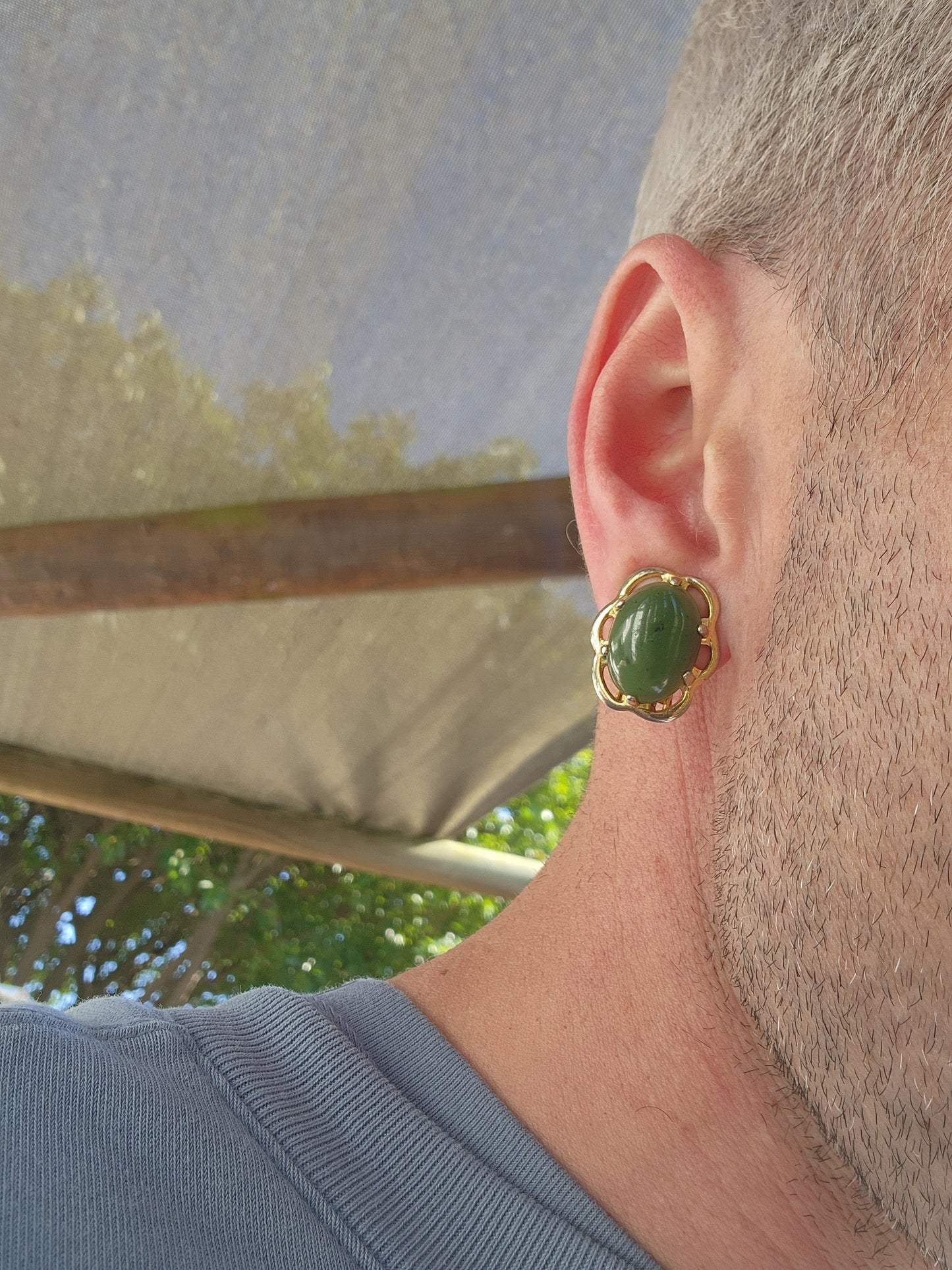 Beautiful pair of Vintage Designer clip-on earrings.Yellow Gold filled and prong set with lovely Green Nephrite Jade " Spinach Jade" Cabochons.