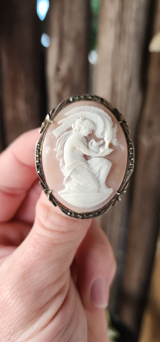 Most beautiful and generous in size Vintage 800 Silver and hand carved Shell Cameo brooch or pendant.