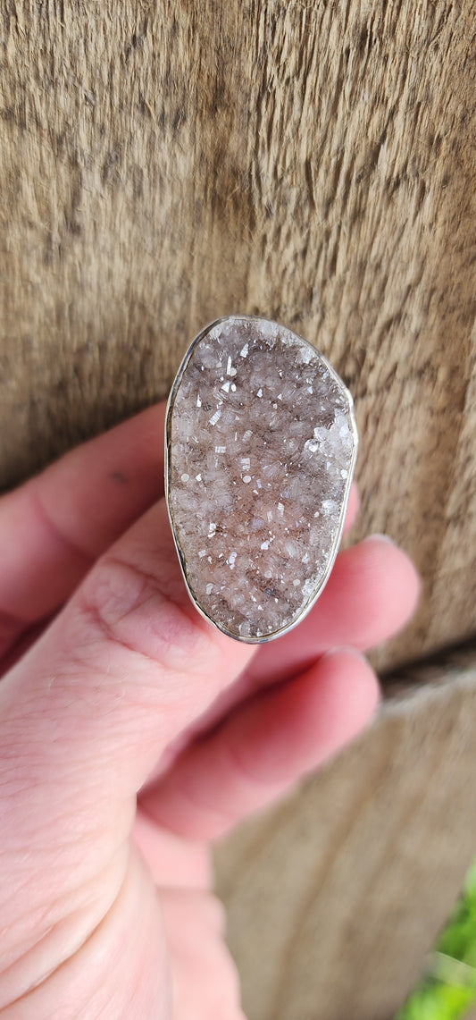 Chunky handmade Sterling Silver and Druzy Quartz Ring .