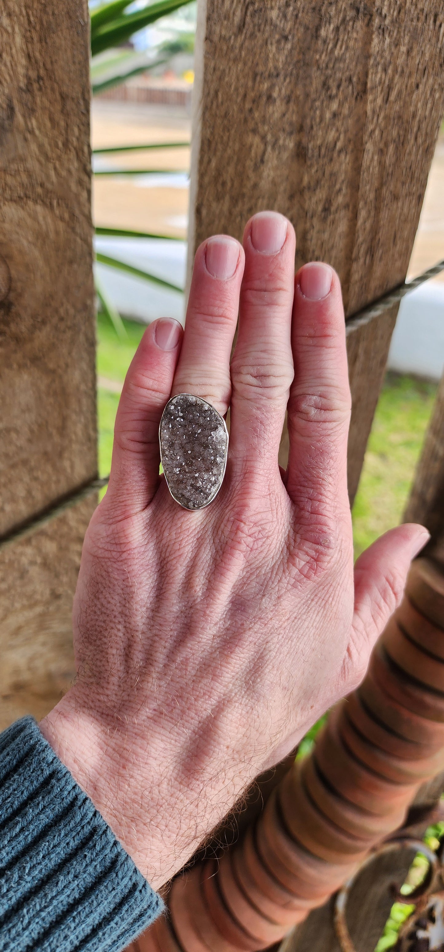 Chunky handmade Sterling Silver and Druzy Quartz Ring .