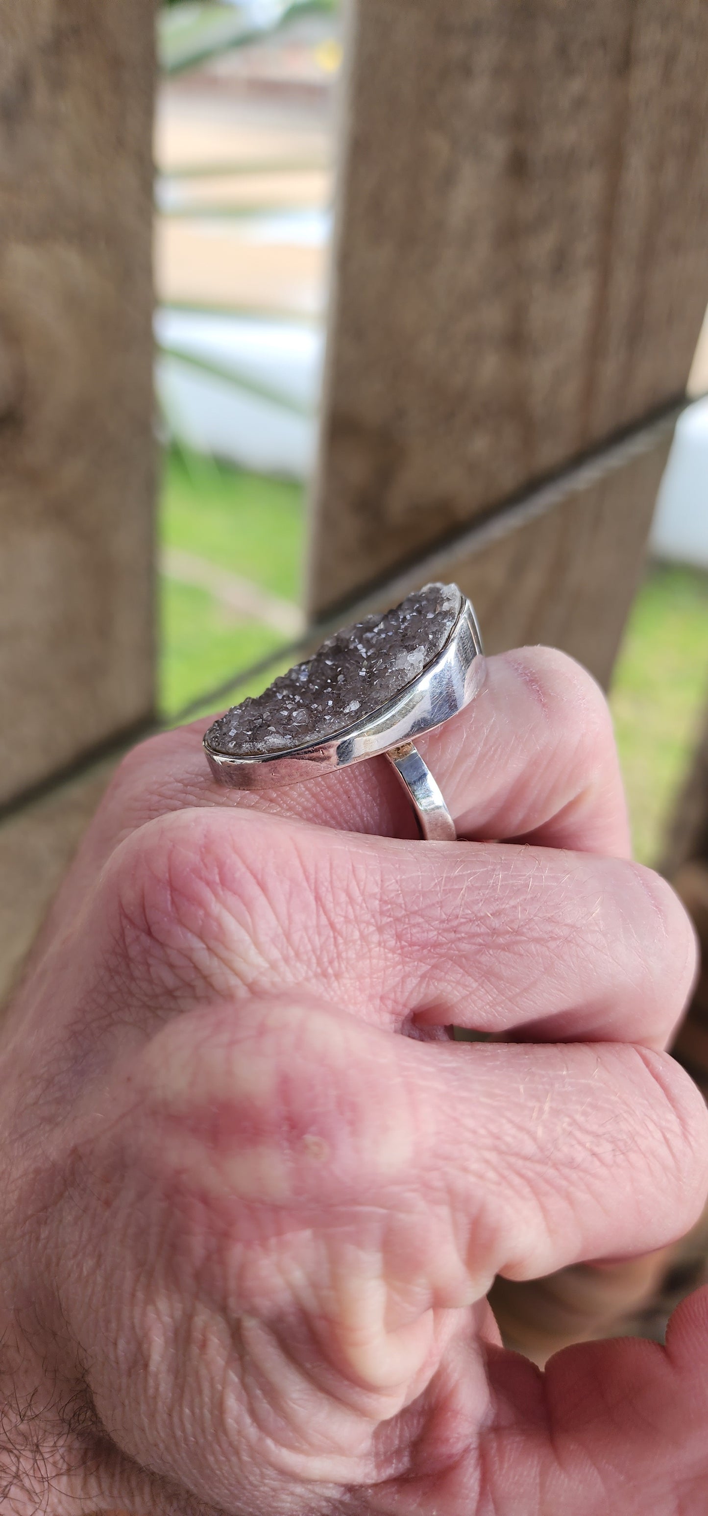 Chunky handmade Sterling Silver and Druzy Quartz Ring .