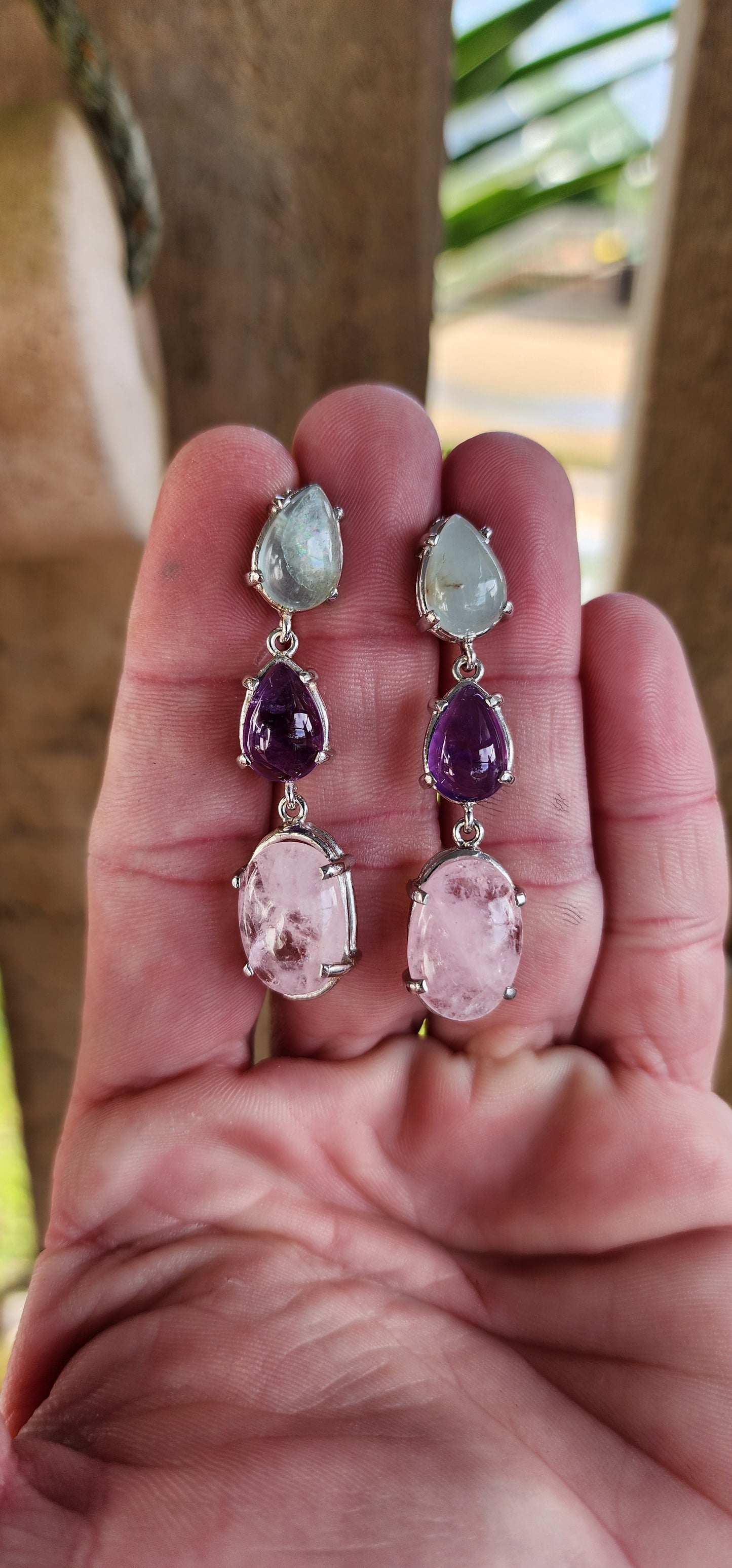 Fabulous statement pair of Sterling Silver Aquamarine,Amethyst and Morganite Cabochon Gemstones push-in drop earrings.