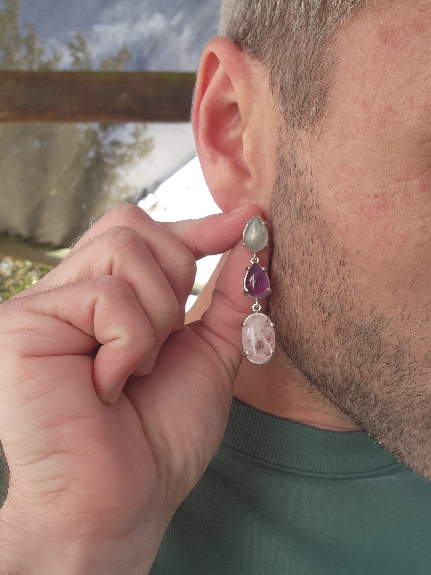 Fabulous statement pair of Sterling Silver Aquamarine,Amethyst and Morganite Cabochon Gemstones push-in drop earrings.