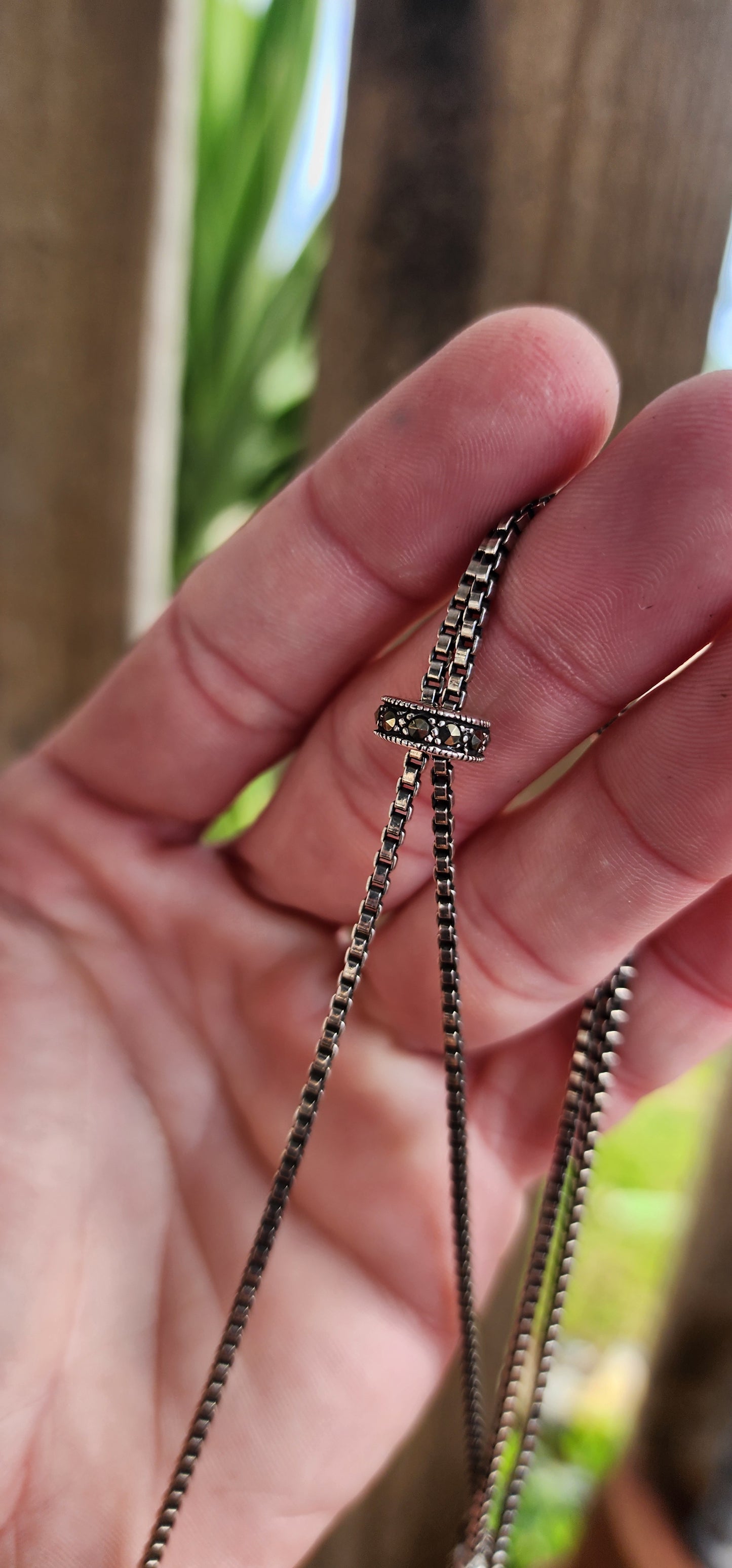 Elegant Sterling Silver and sparkly Marcasite Gemstones Art Deco style box chain necklace with pendant - The pendant adorned with multiple sparkly Marcasites and milgrain detailing.