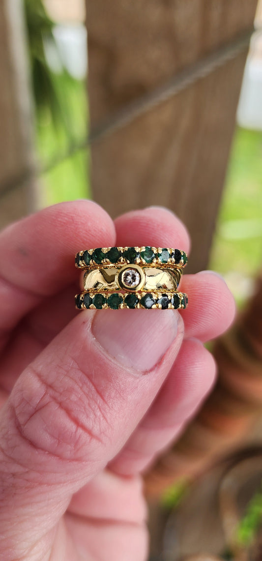 Exquisite and chunky Solid 18ct Yellow Gold and Diamond/Emeralds Studio/Artisan made 3 piece ring set.