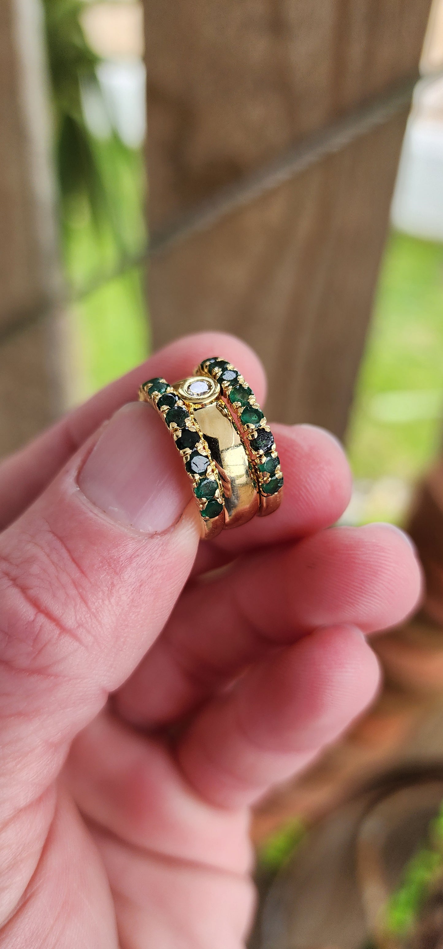 Exquisite and chunky Solid 18ct Yellow Gold and Diamond/Emeralds Studio/Artisan made 3 piece ring set.