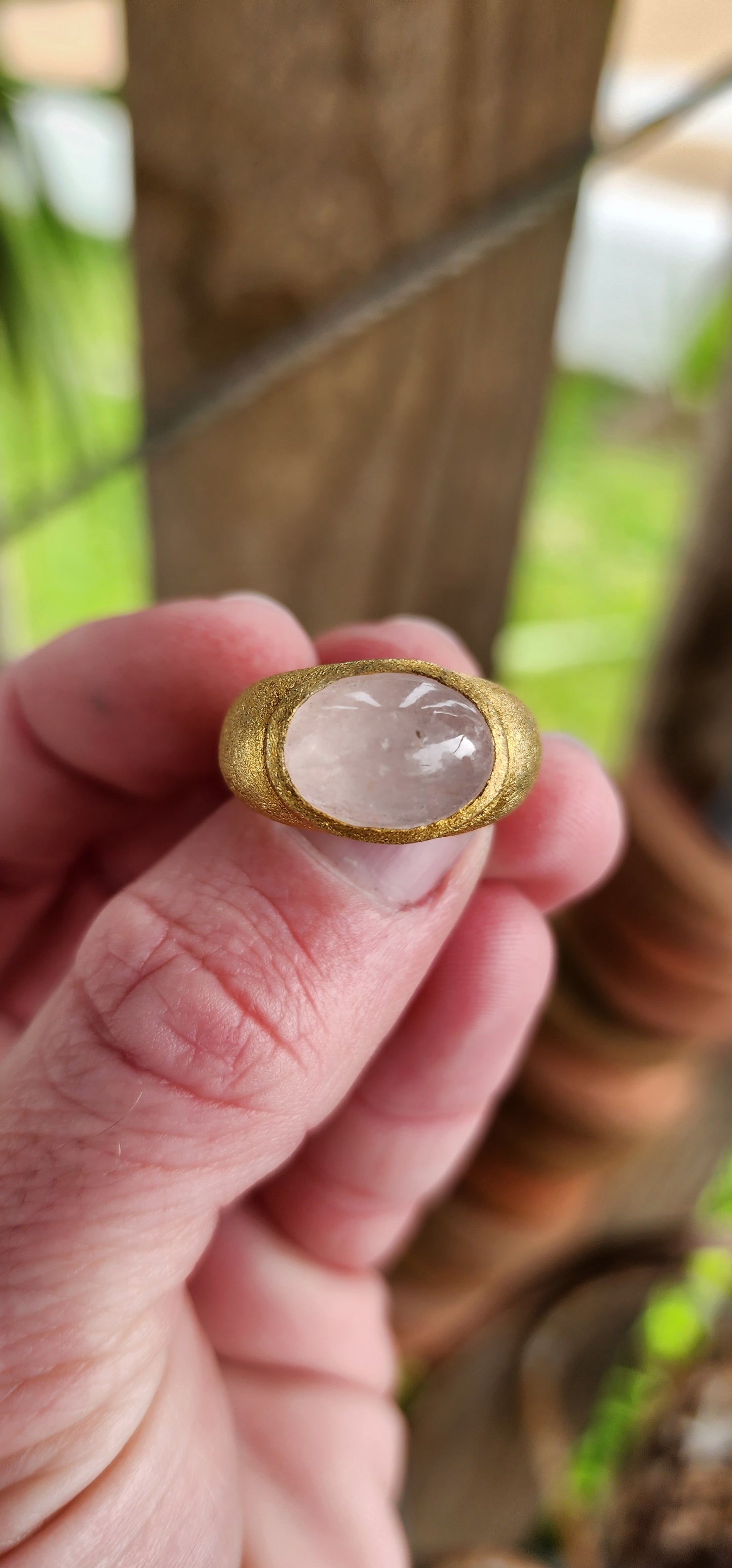 Marvelous and chunky Artisan made unisex ring - Crafted in 18ct Yellow Gold Plated over Sterling Silver and set with an large sized Rose Quartz Cabochon that contrasts so well with the buttery Yellow Gold shank.