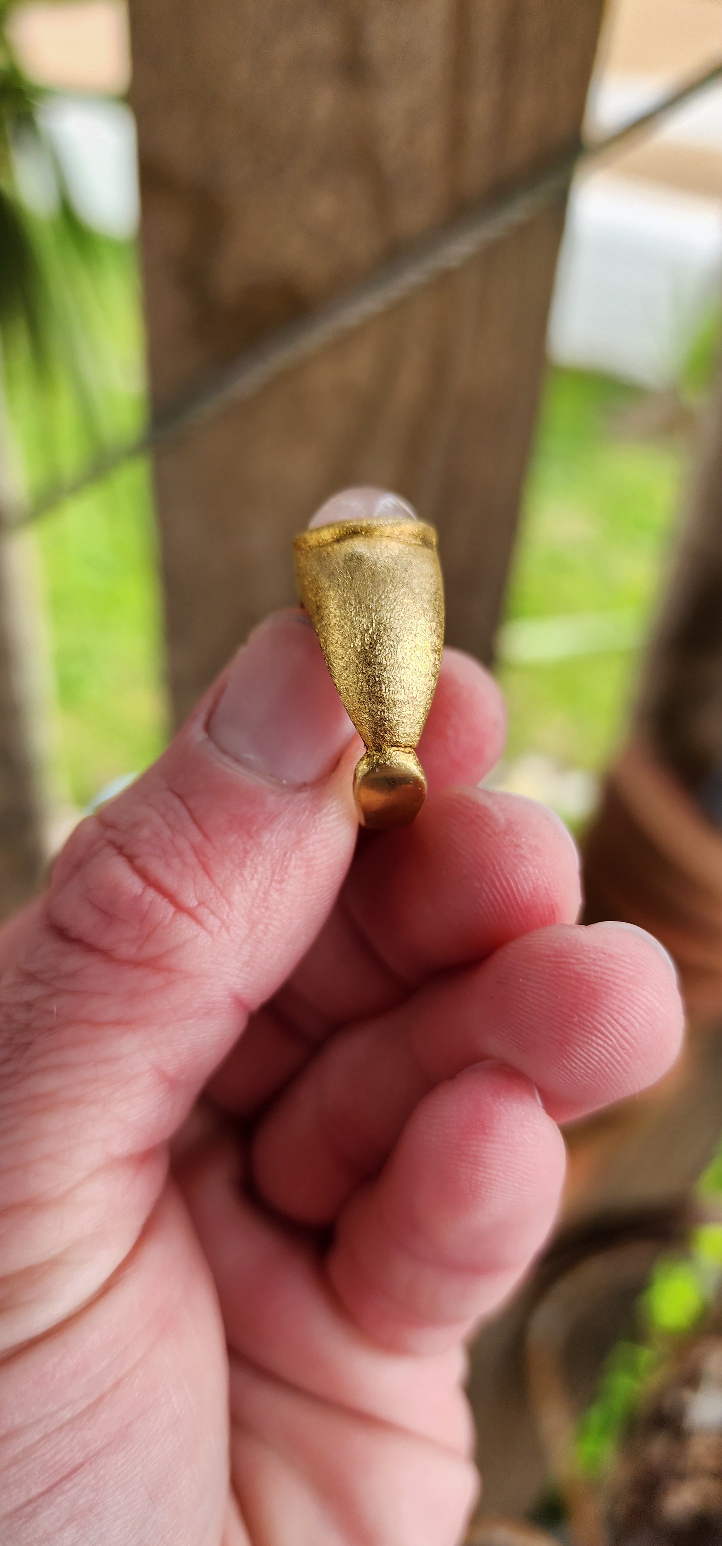 Marvelous and chunky Artisan made unisex ring - Crafted in 18ct Yellow Gold Plated over Sterling Silver and set with an large sized Rose Quartz Cabochon that contrasts so well with the buttery Yellow Gold shank.