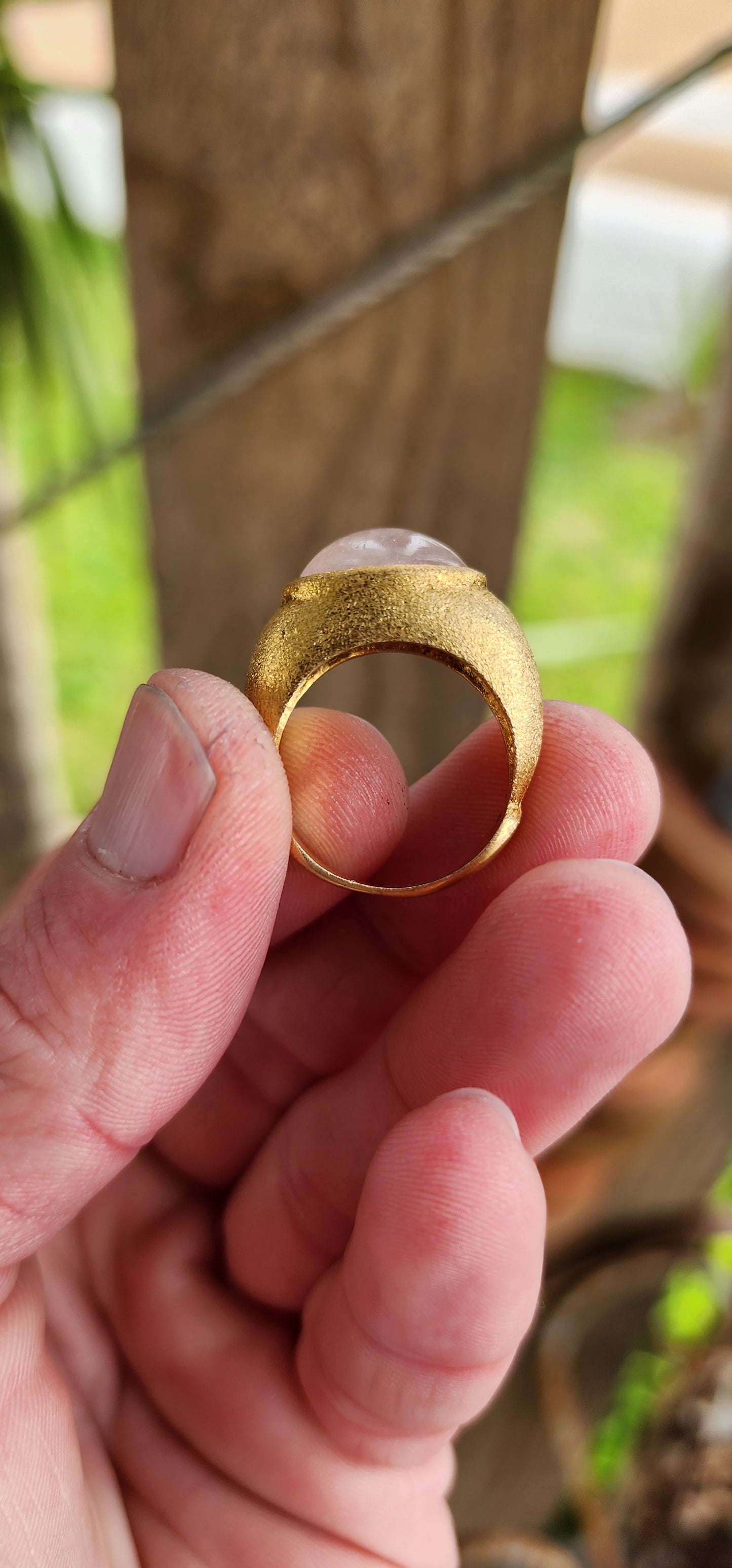 Marvelous and chunky Artisan made unisex ring - Crafted in 18ct Yellow Gold Plated over Sterling Silver and set with an large sized Rose Quartz Cabochon that contrasts so well with the buttery Yellow Gold shank.