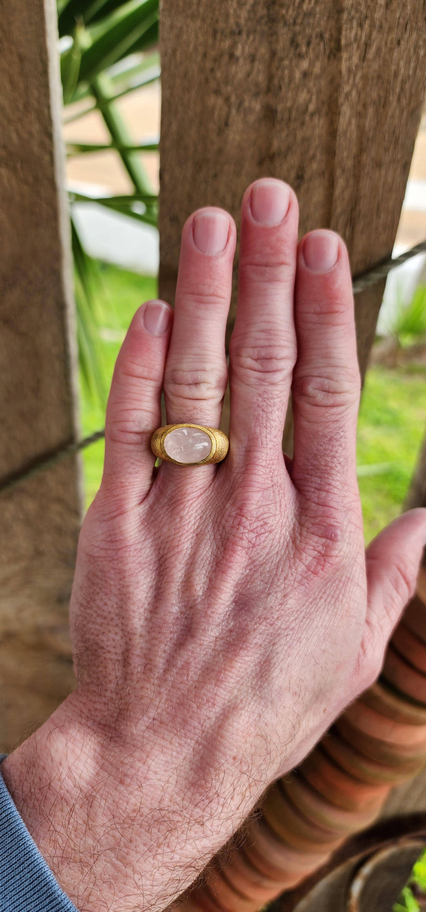 Marvelous and chunky Artisan made unisex ring - Crafted in 18ct Yellow Gold Plated over Sterling Silver and set with an large sized Rose Quartz Cabochon that contrasts so well with the buttery Yellow Gold shank.