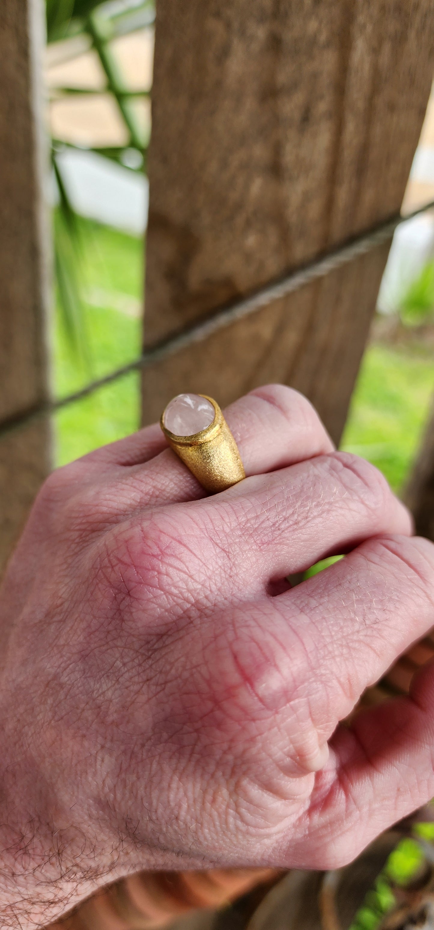 Marvelous and chunky Artisan made unisex ring - Crafted in 18ct Yellow Gold Plated over Sterling Silver and set with an large sized Rose Quartz Cabochon that contrasts so well with the buttery Yellow Gold shank.