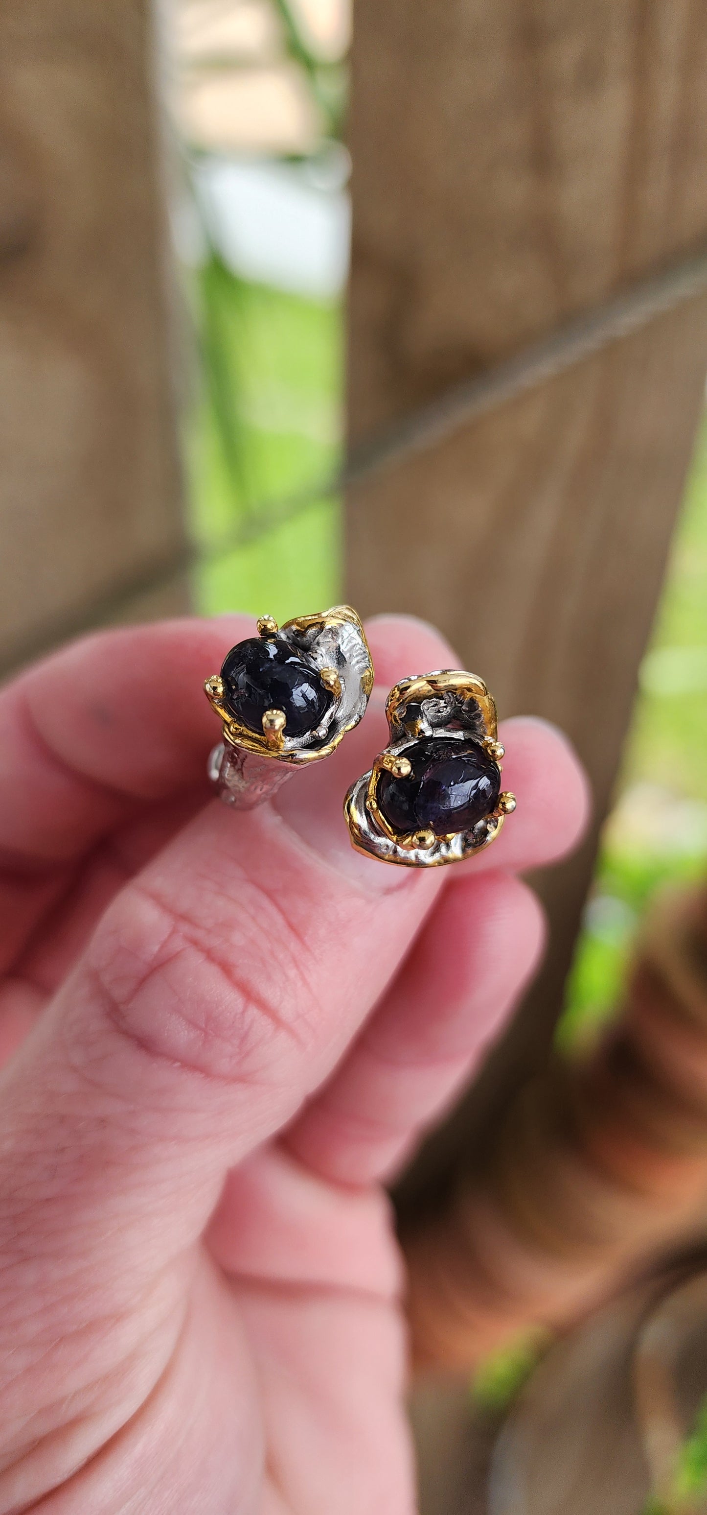 Beautiful and unusual Artisan made Sterling Silver with 18ct Yellow Gold plated accents unisex ring - Prong set with two lovely Oval cut Iolite Cabochons in flower like baskets , the shank with a tree branch motif.