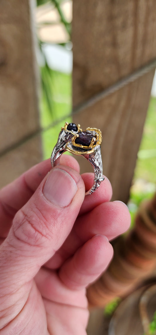 Beautiful and unusual Artisan made Sterling Silver with 18ct Yellow Gold plated accents unisex ring - Prong set with two lovely Oval cut Iolite Cabochons in flower like baskets , the shank with a tree branch motif.