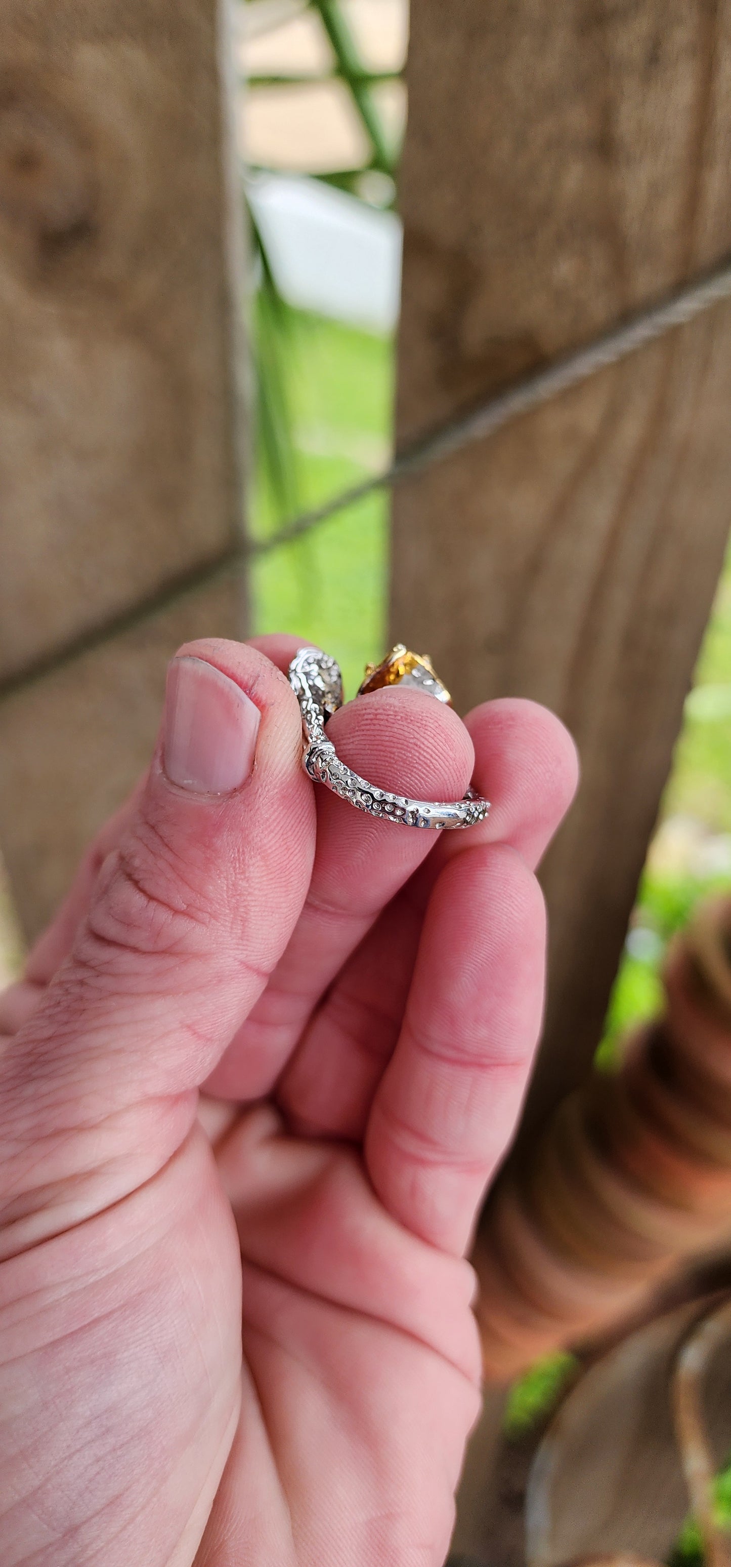 Beautiful and unusual Artisan made Sterling Silver with 18ct Yellow Gold plated accents unisex ring - Prong set with two lovely Oval cut Iolite Cabochons in flower like baskets , the shank with a tree branch motif.