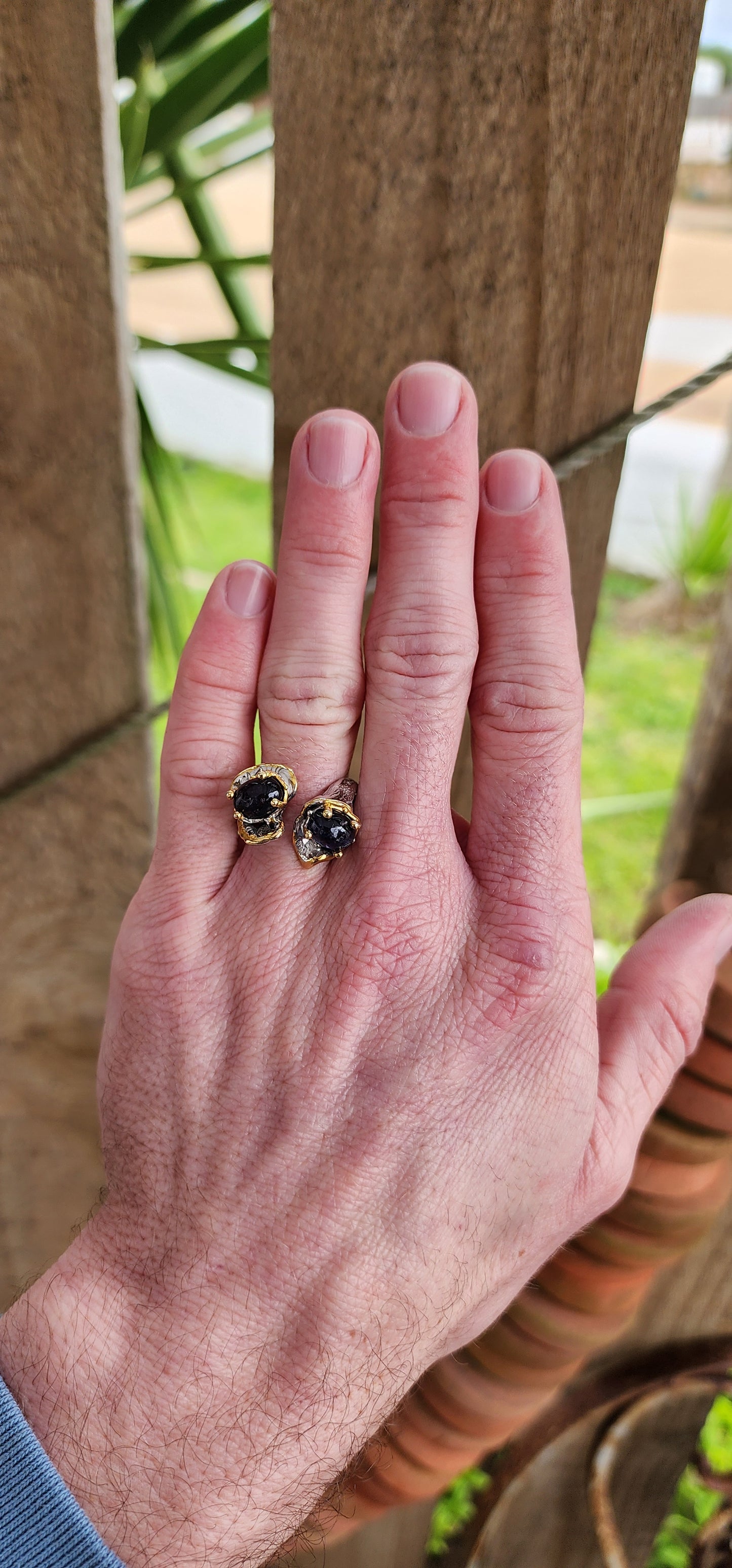 Beautiful and unusual Artisan made Sterling Silver with 18ct Yellow Gold plated accents unisex ring - Prong set with two lovely Oval cut Iolite Cabochons in flower like baskets , the shank with a tree branch motif.