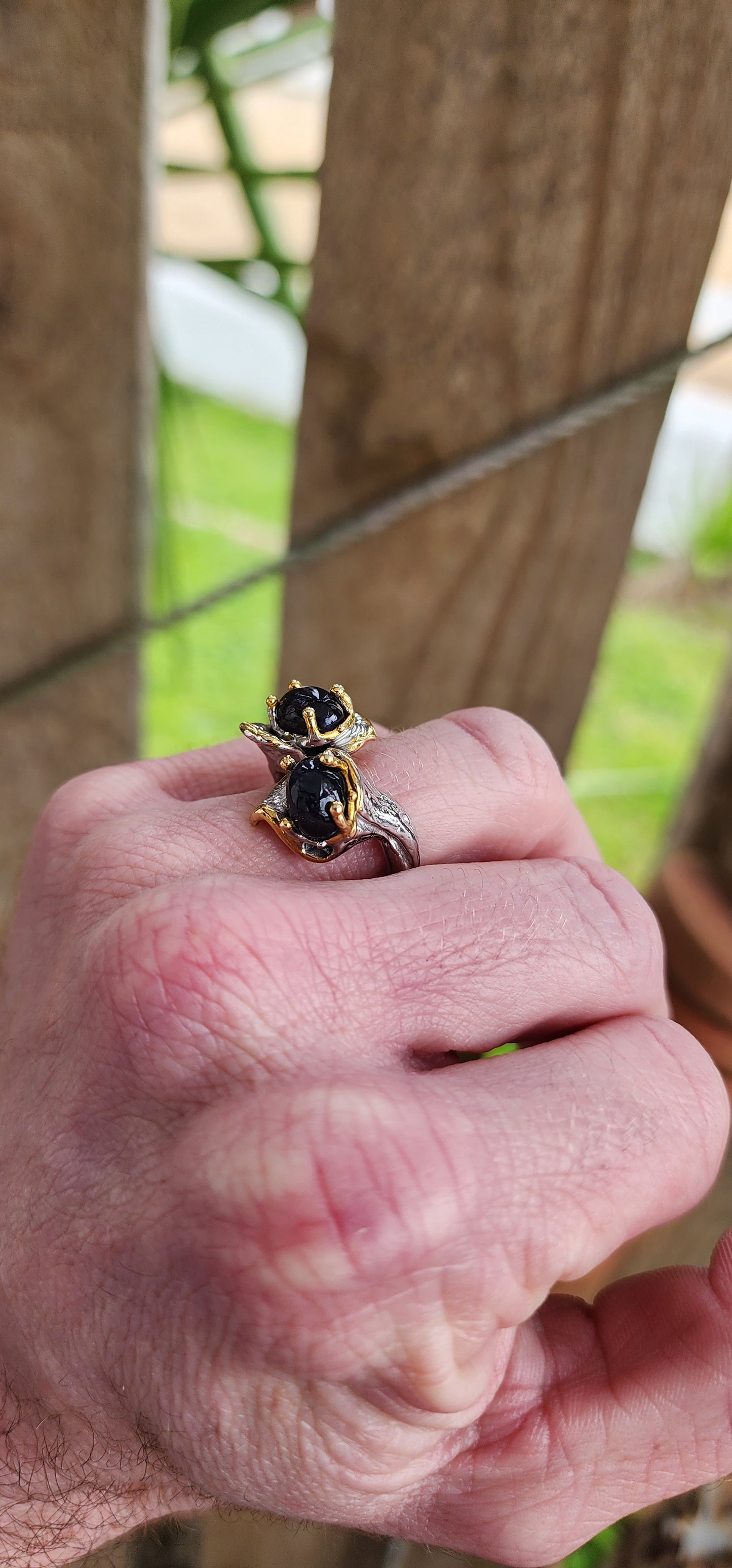 Beautiful and unusual Artisan made Sterling Silver with 18ct Yellow Gold plated accents unisex ring - Prong set with two lovely Oval cut Iolite Cabochons in flower like baskets , the shank with a tree branch motif.