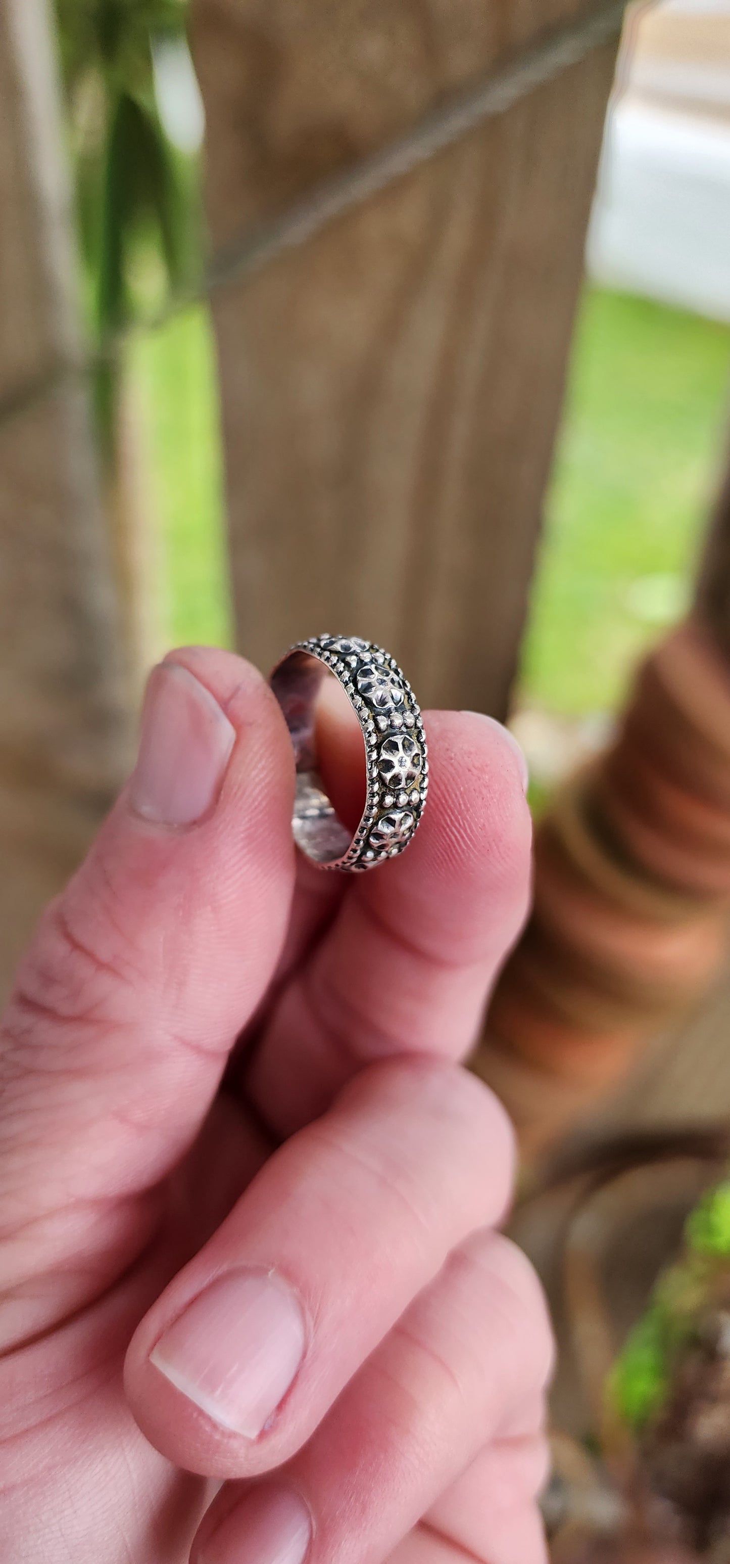 Vintage Sterling Silver stacking ring - ornately embosses with flowers and milgrain detailing.Wear it alone or stack with some of your other rings.