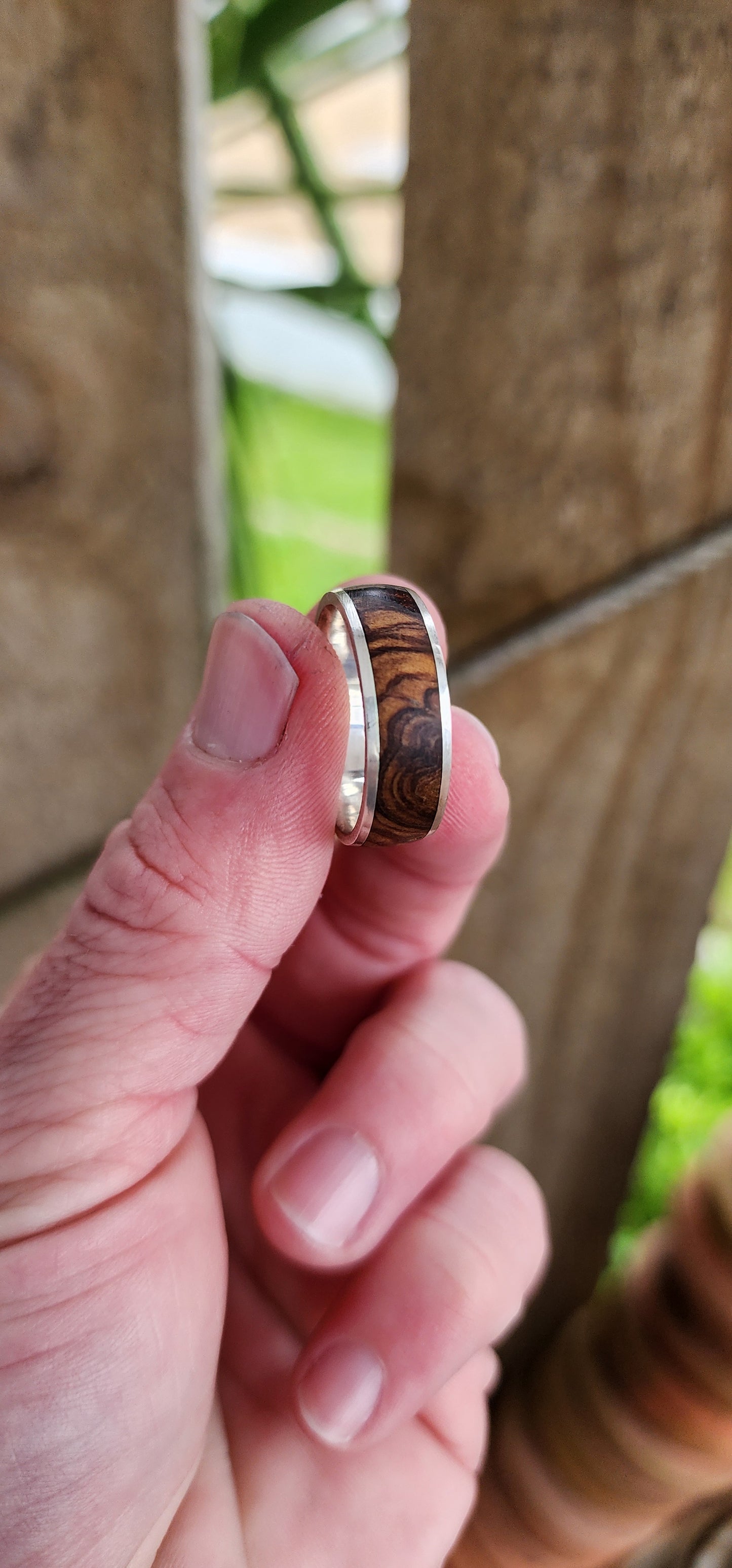 Custom Artisan made Mens Sterling Silver and Zebrawood inlay wedding band.