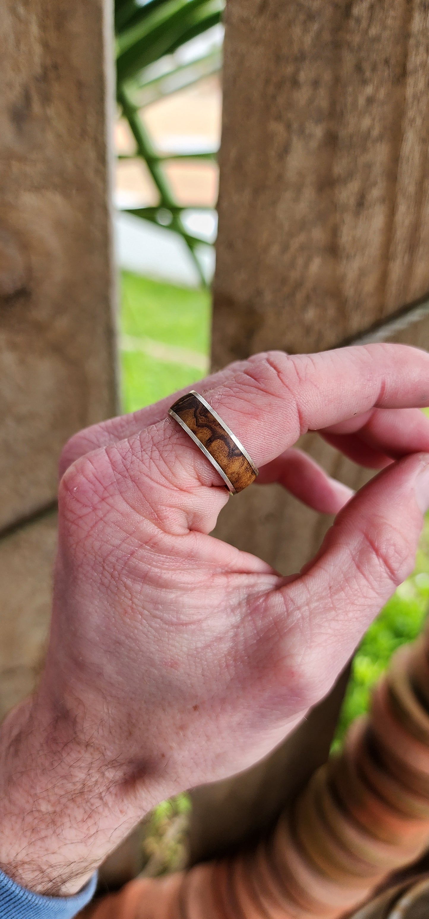 Custom Artisan made Mens Sterling Silver and Zebrawood inlay wedding band.