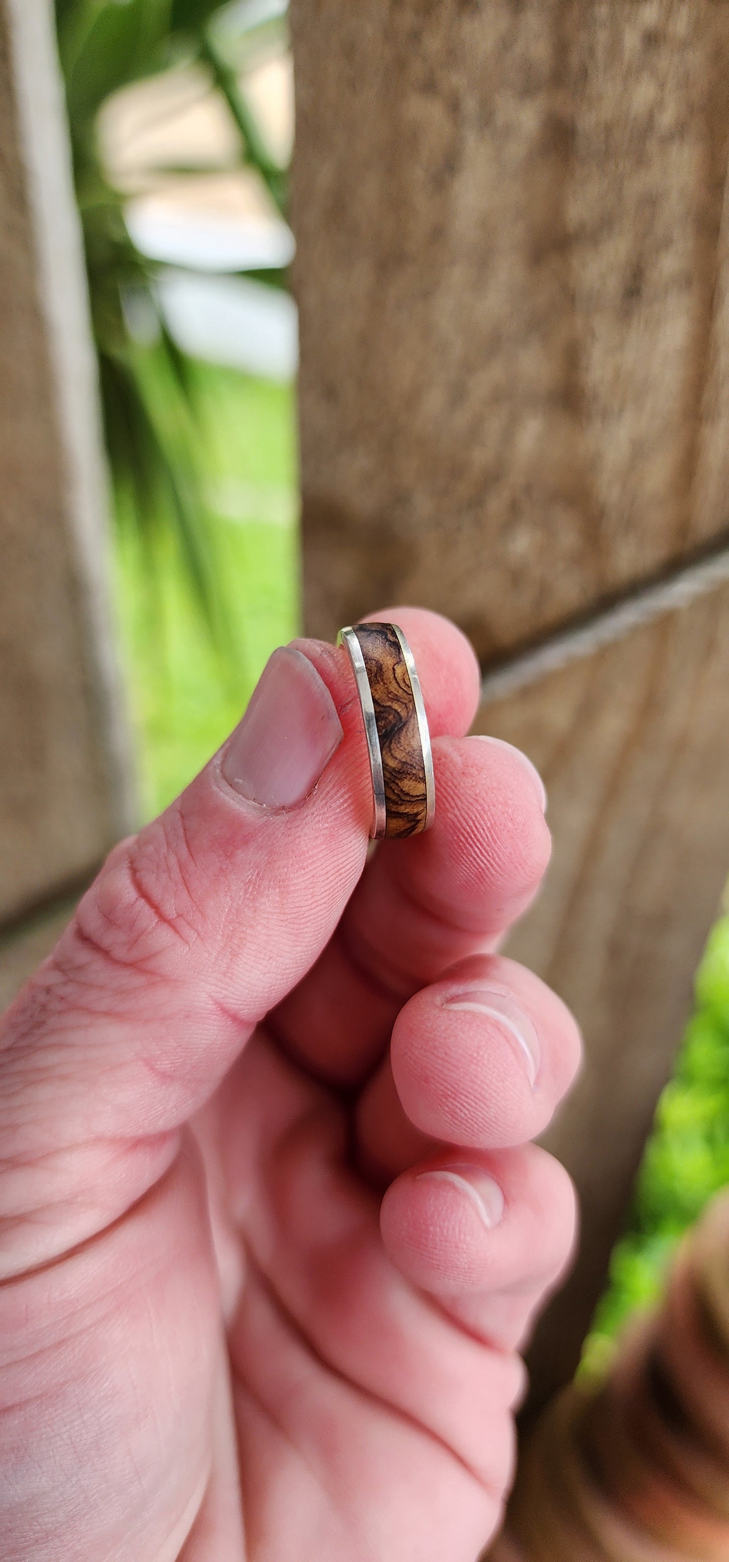 Custom Artisan made Ladies Sterling Silver and Zebrawood inlay wedding band.