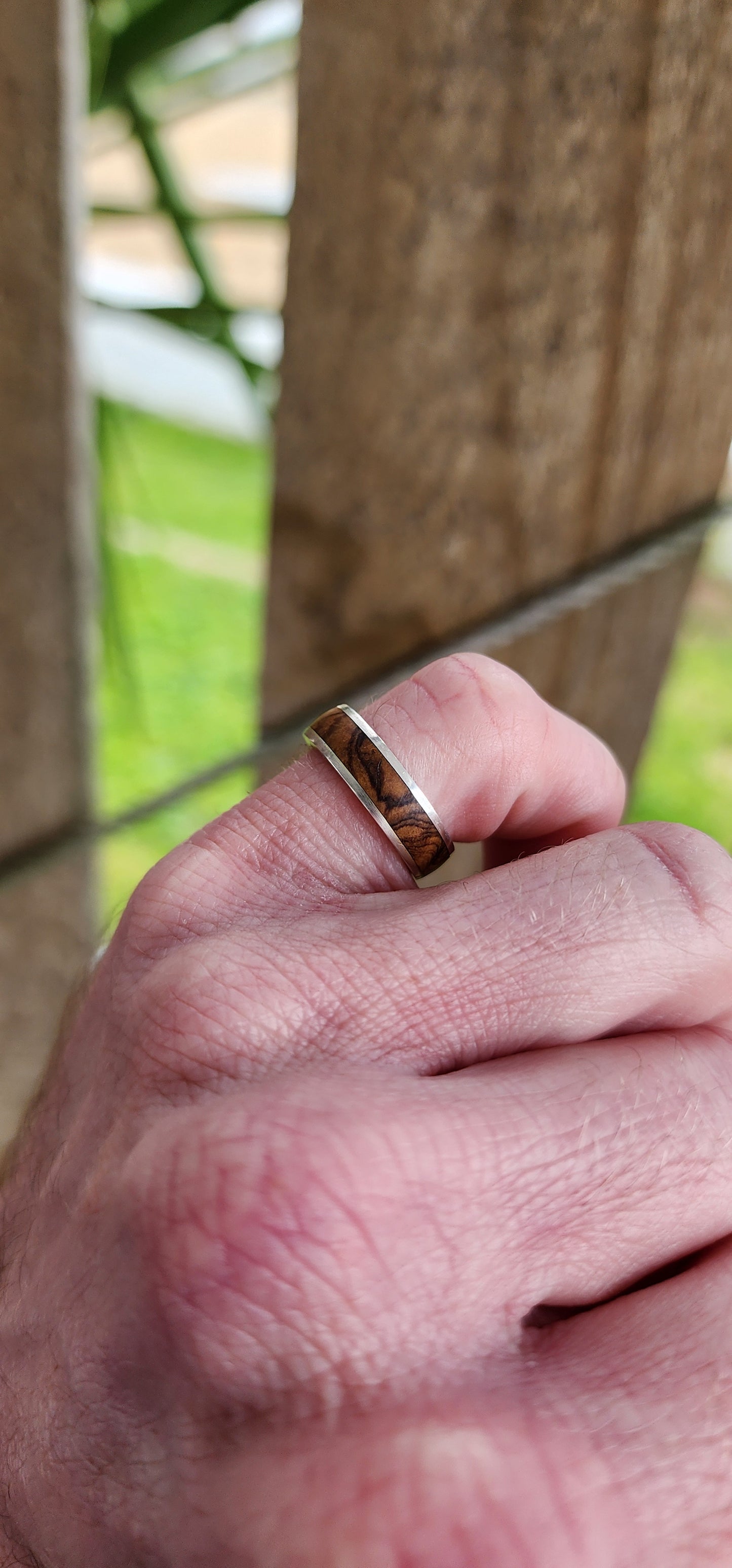 Custom Artisan made Ladies Sterling Silver and Zebrawood inlay wedding band.