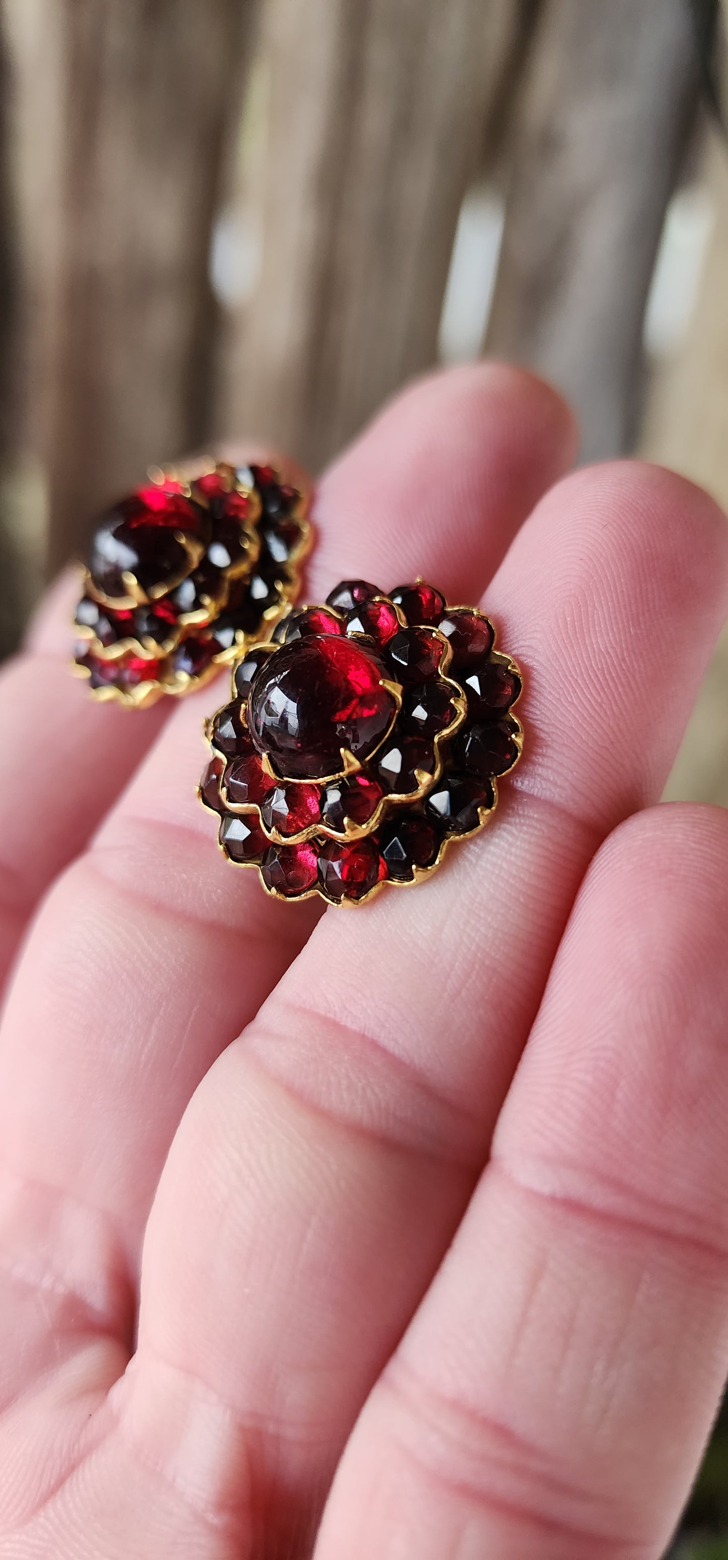 Generous in size pair of Antique Edwardian circa 1915 Bohemian Czech Garnet Screwback blossom earrings.