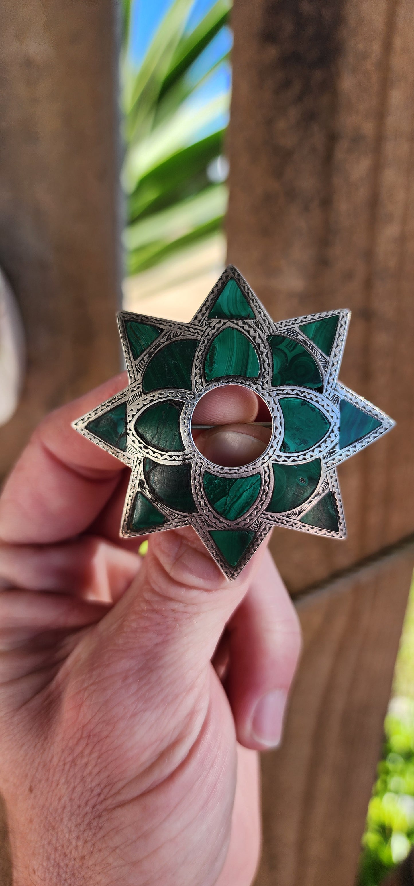 Large sized Antique Victorian circa 1870's Scottish Sterling Silver and Malachite Gemstones inlay starburst brooch.