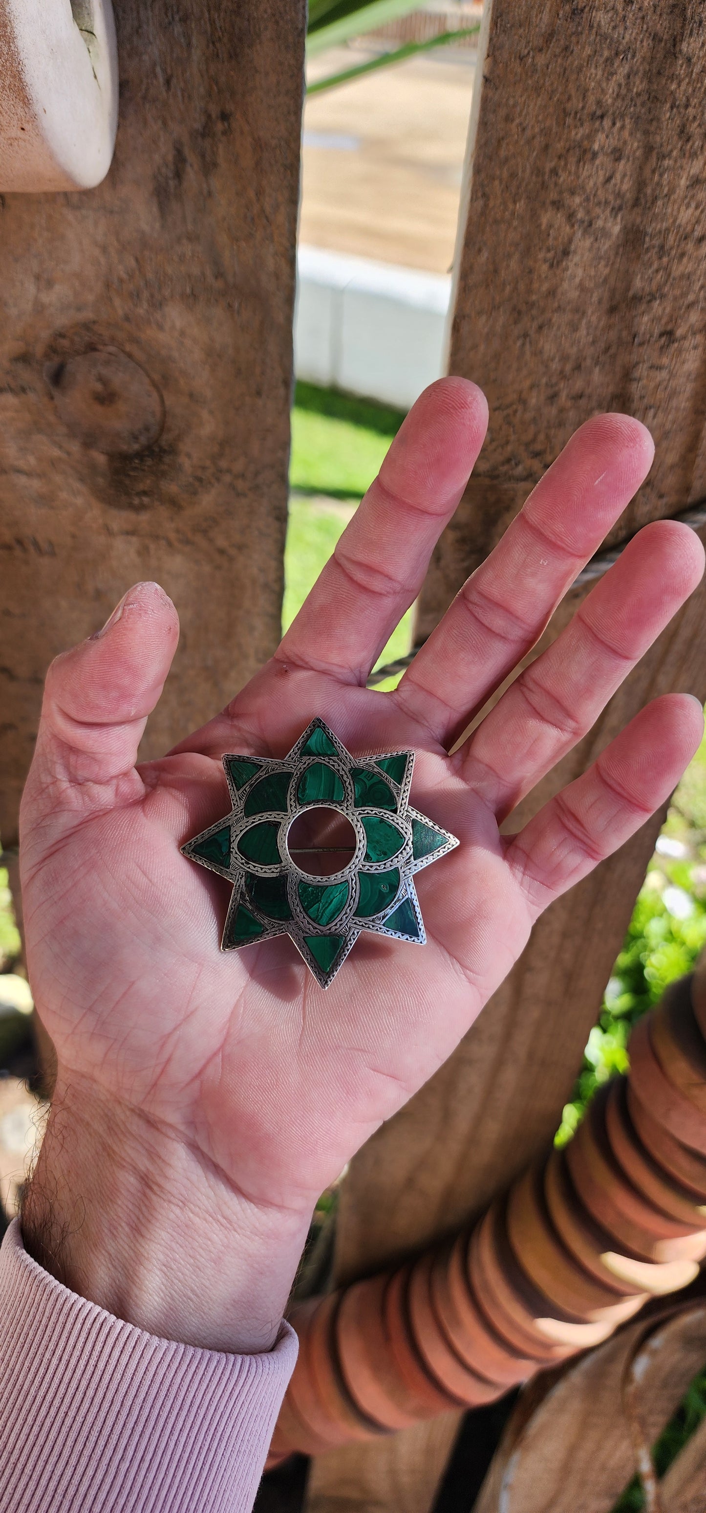 Large sized Antique Victorian circa 1870's Scottish Sterling Silver and Malachite Gemstones inlay starburst brooch.