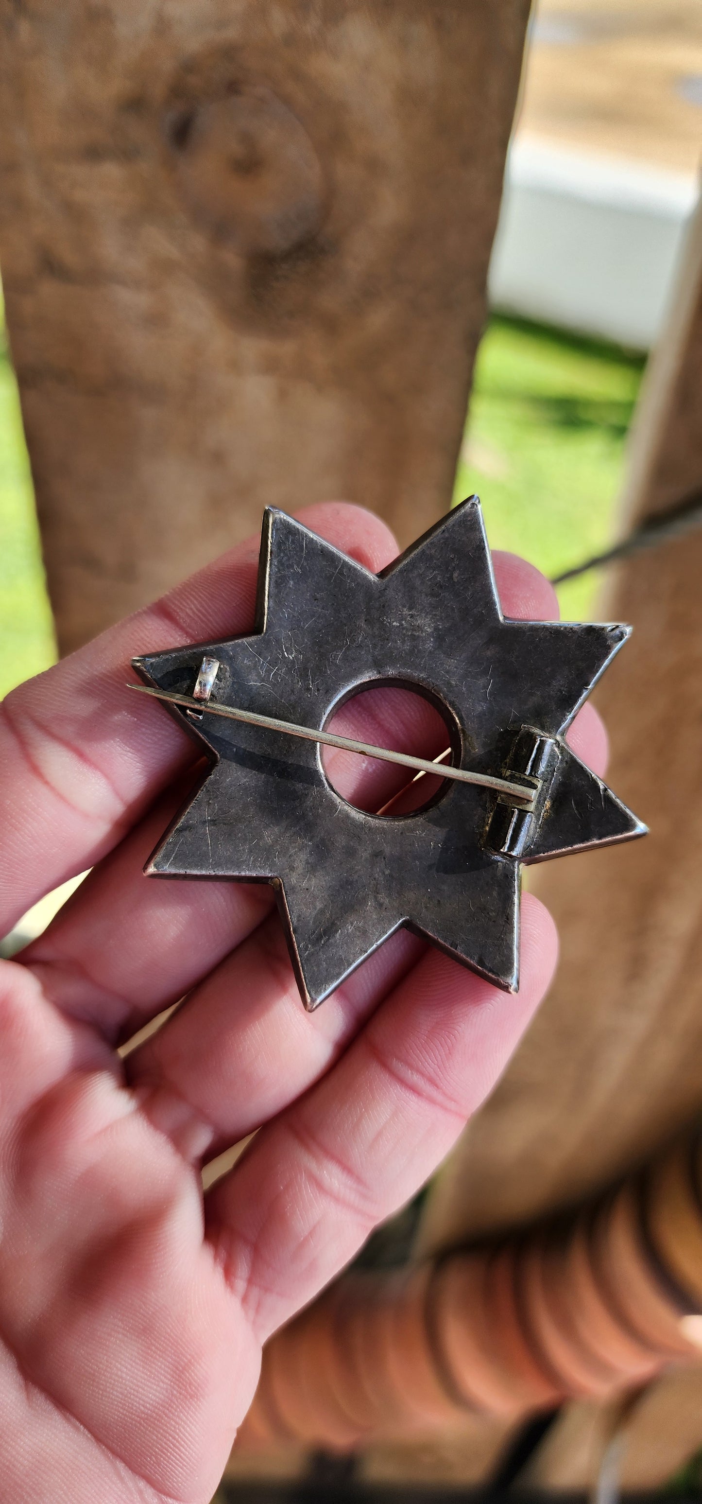 Large sized Antique Victorian circa 1870's Scottish Sterling Silver and Malachite Gemstones inlay starburst brooch.