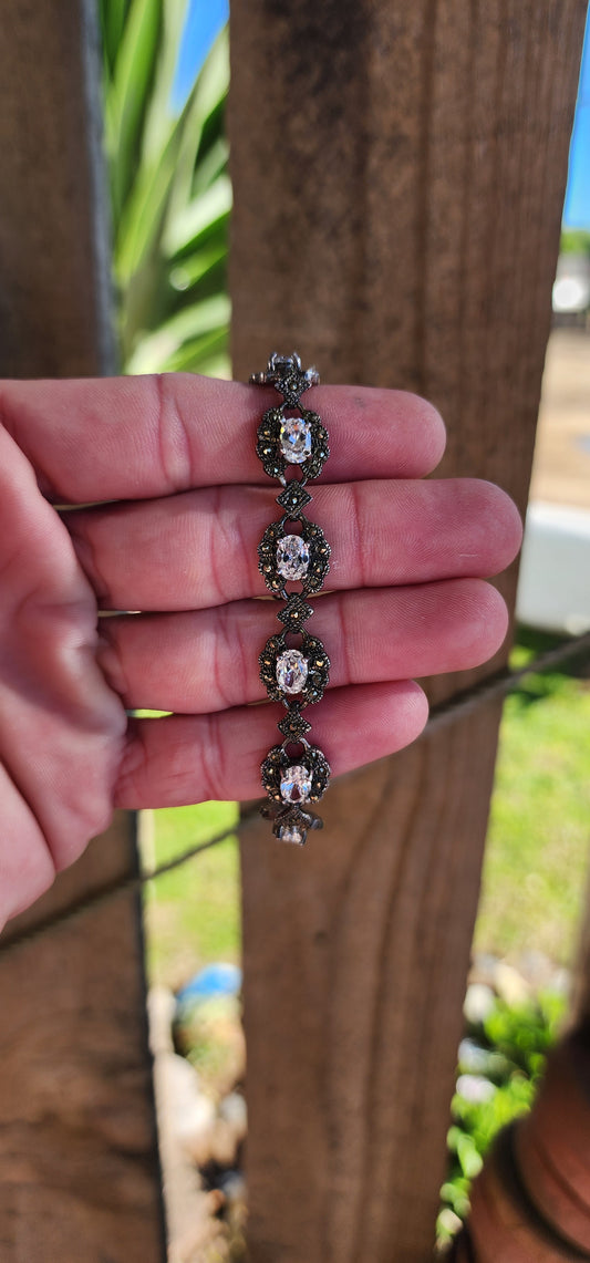 Vintage Sterling Silver , Sparkly CZ and Marcasites Art Deco style bracelet.