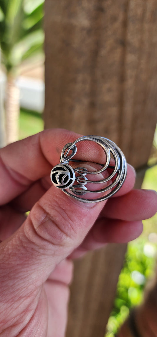 Pretty and petite Vintage circa 1995 Designer Sterling Silver and Black Onyx Art Nouveau Rose brooch.