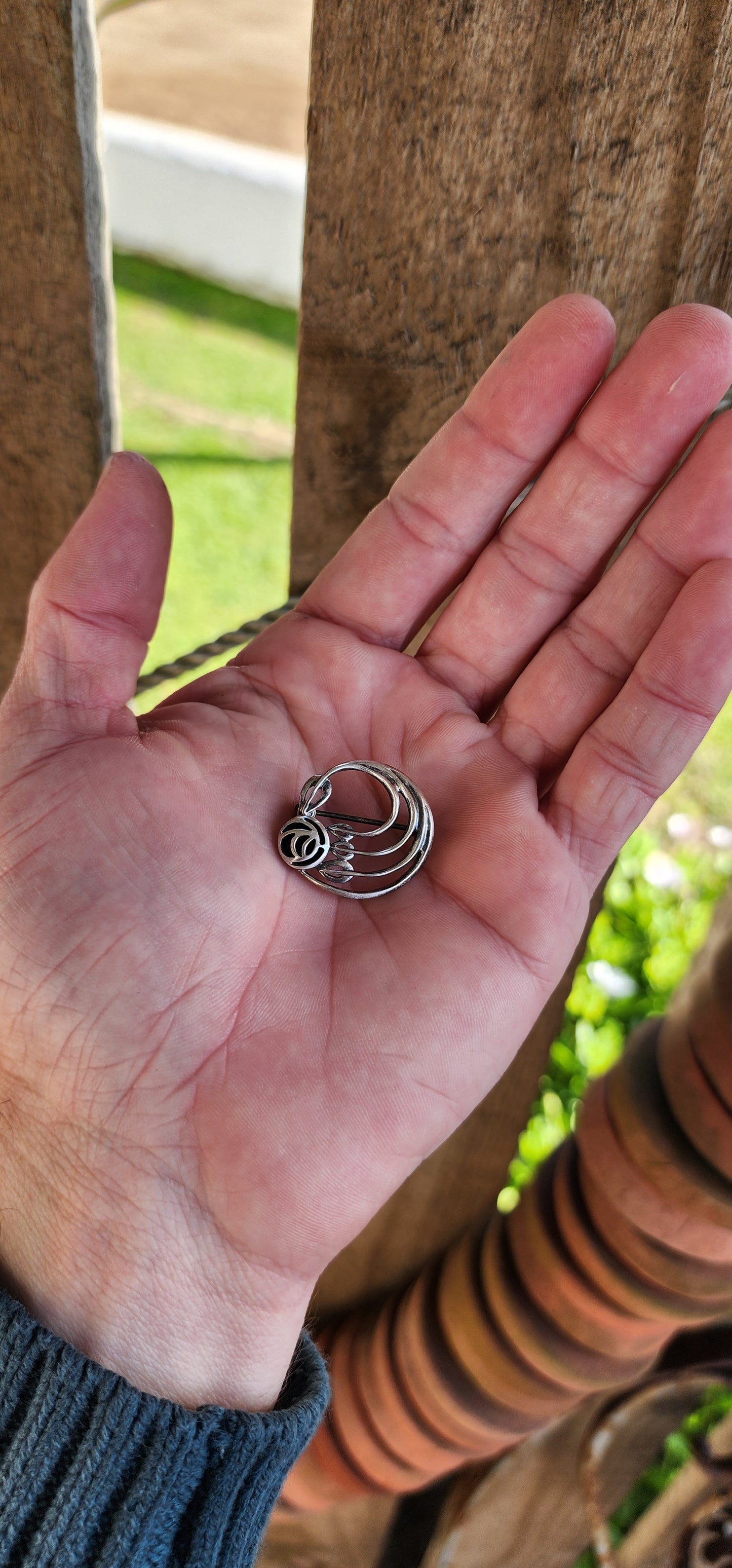 Pretty and petite Vintage circa 1995 Designer Sterling Silver and Black Onyx Art Nouveau Rose brooch.