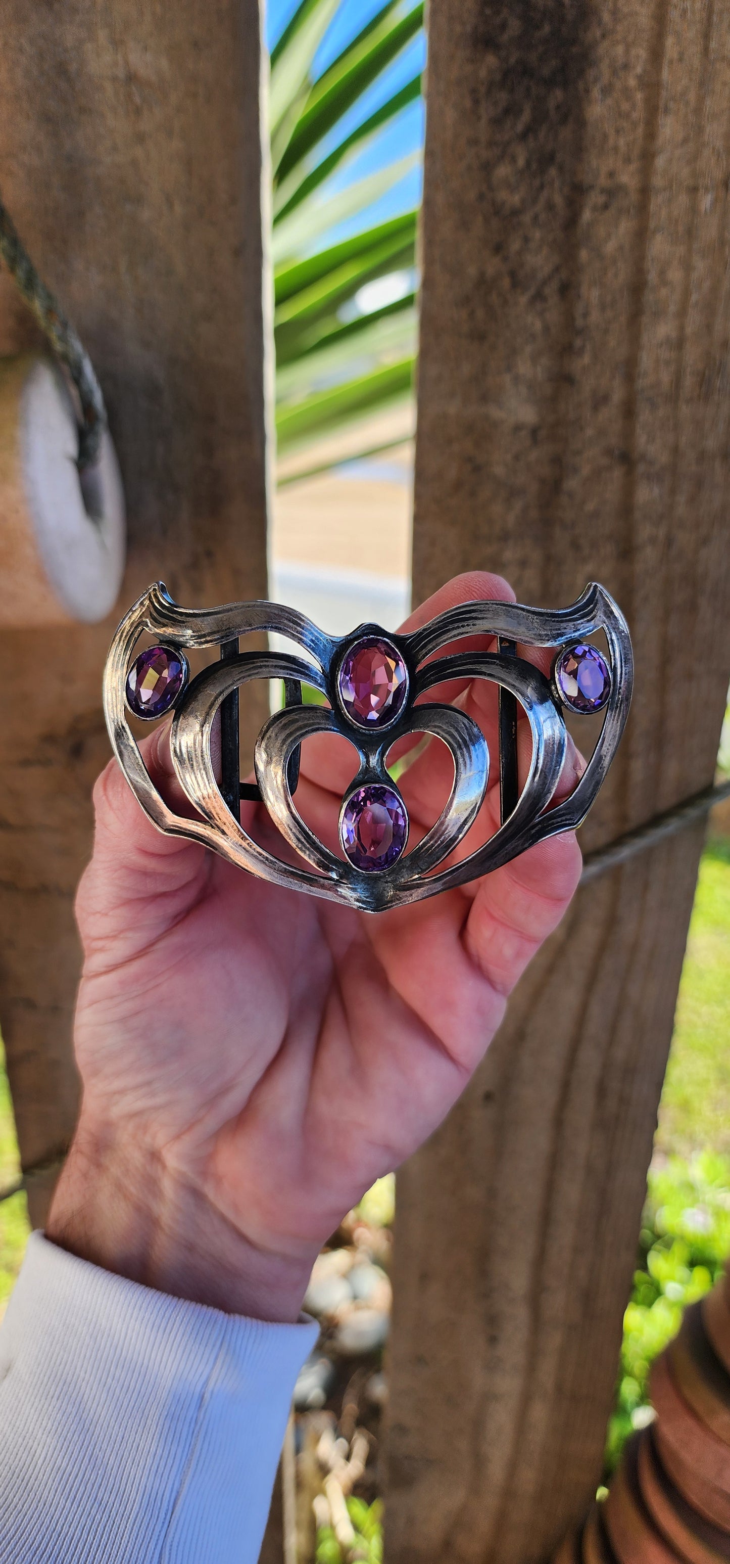 Delightful and large sized Antique Victorian Art Nouveau 800 Silver and Amethyst Gemstones belt buckle.