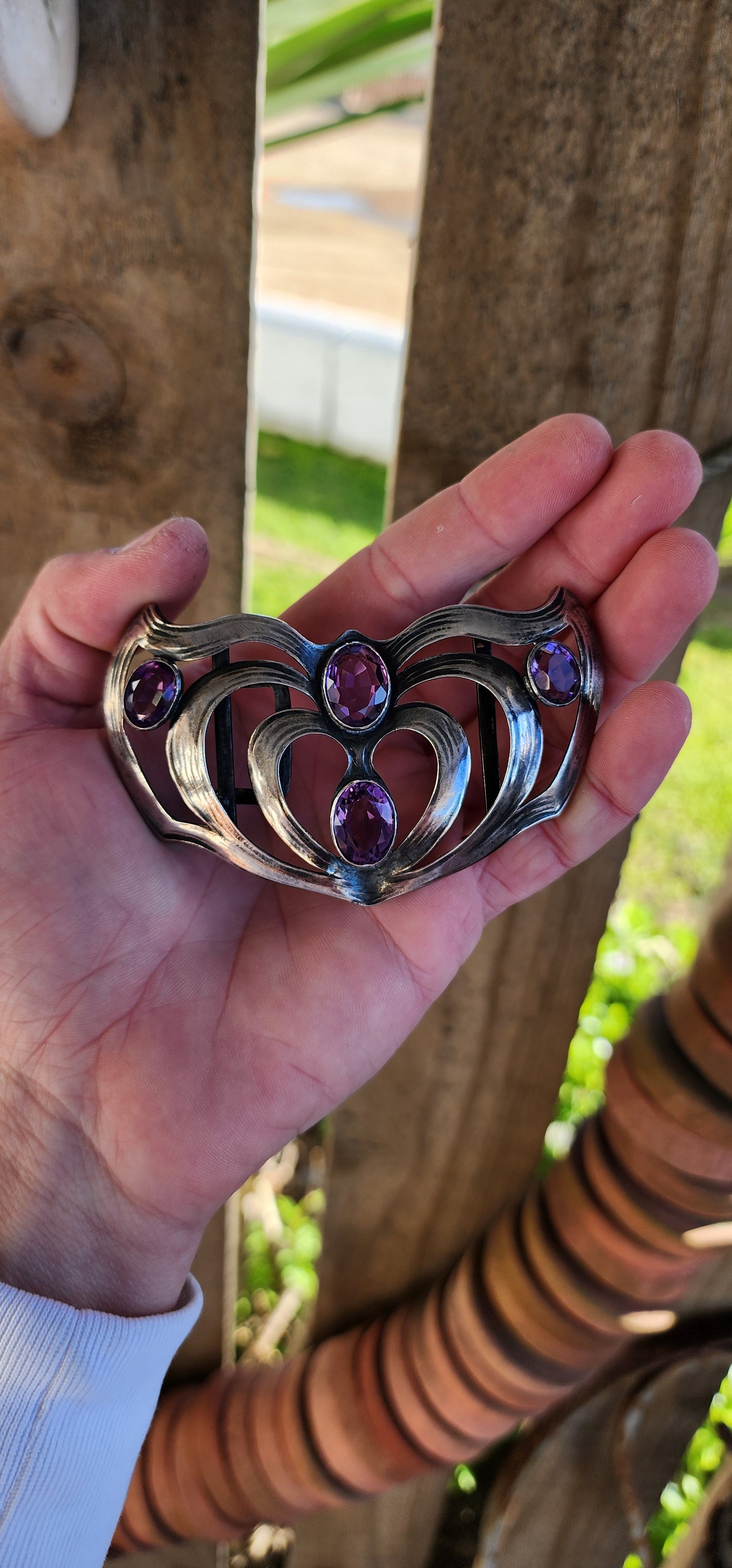 Delightful and large sized Antique Victorian Art Nouveau 800 Silver and Amethyst Gemstones belt buckle.