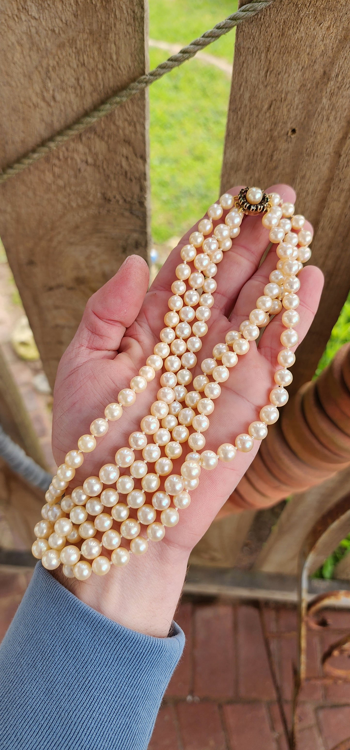 Sensational Vintage 1940's 3 strand Marine Cultured Pearl necklace fitted with a 9ct Yellow Gold,Round cut Emeralds and Pearl clasp.